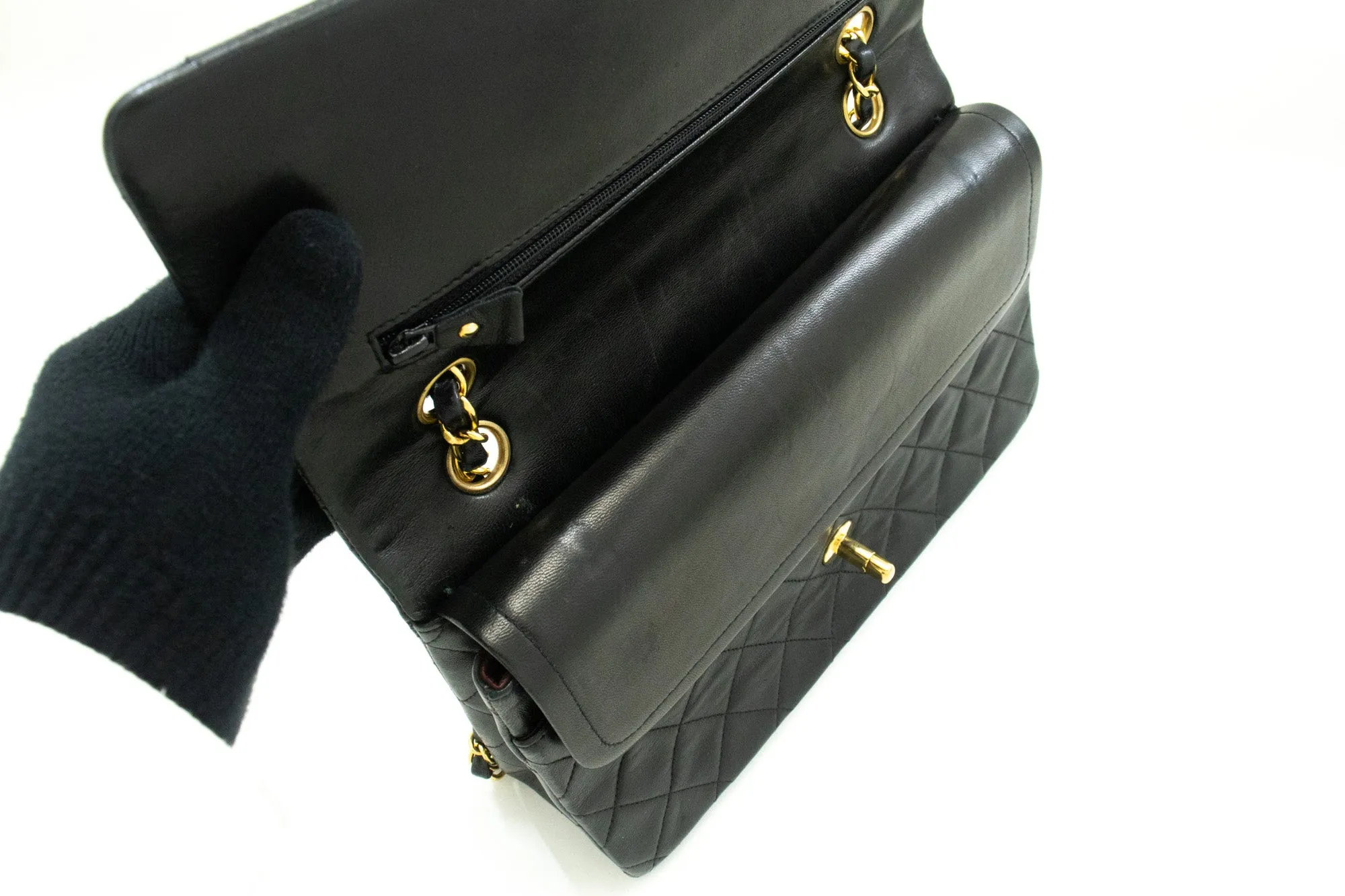 CHANEL Classic Double Flap 10" Chain Shoulder Bag Black Lambskin m84