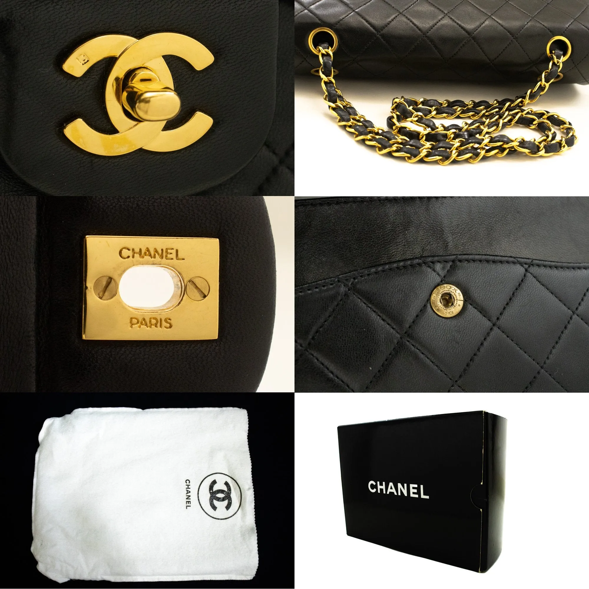 CHANEL Classic Double Flap 10" Chain Shoulder Bag Black Lambskin m84