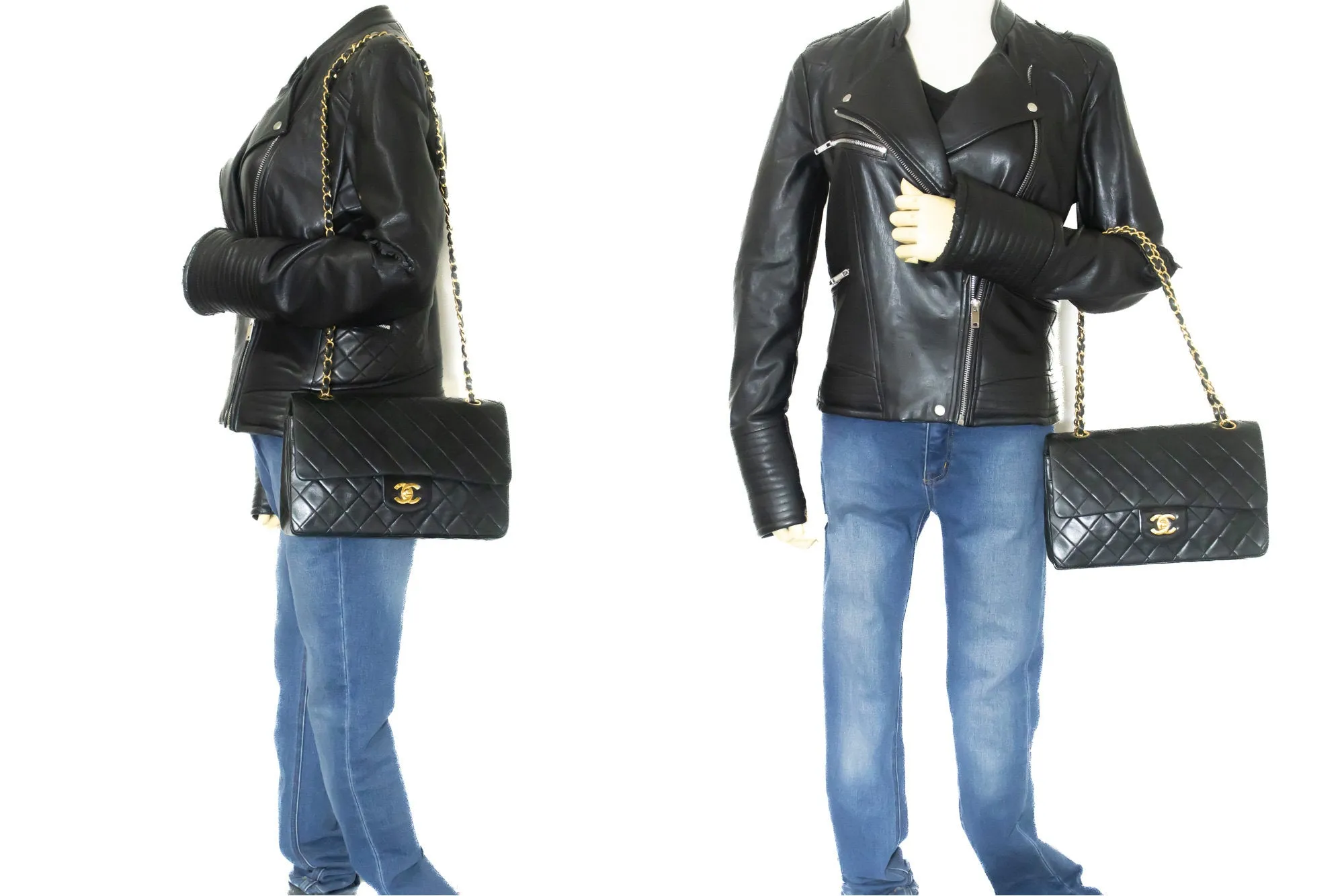 CHANEL Classic Double Flap 10" Chain Shoulder Bag Black Lambskin m84