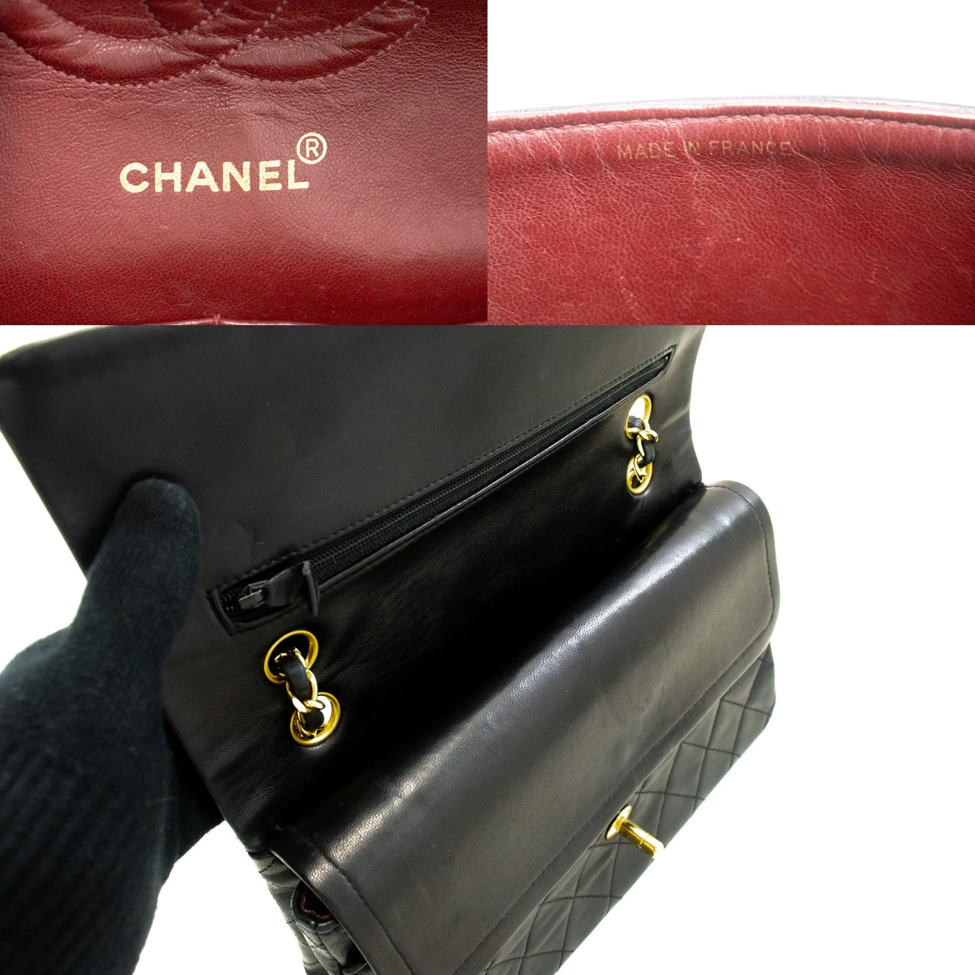 CHANEL Classic Double Flap 10" Chain Shoulder Bag Black Lambskin n09