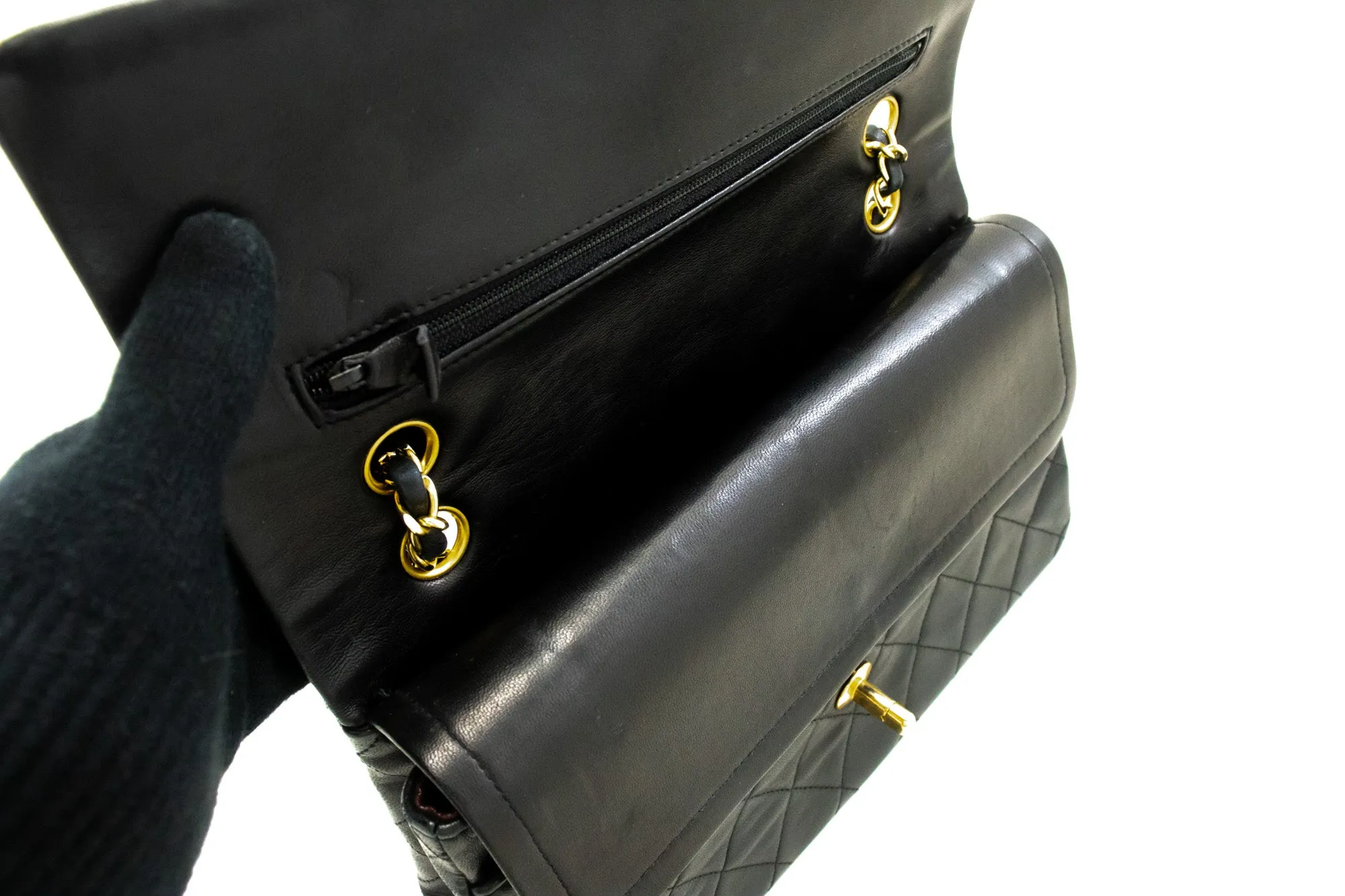 CHANEL Classic Double Flap 10" Chain Shoulder Bag Black Lambskin n09