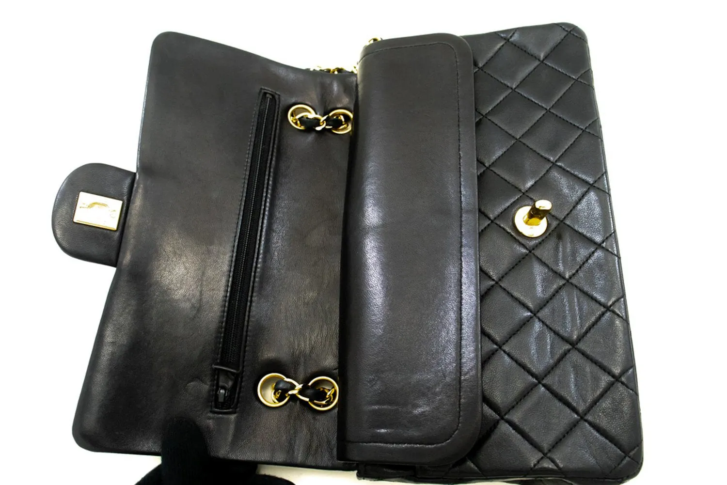CHANEL Classic Double Flap 10" Chain Shoulder Bag Black Lambskin n09
