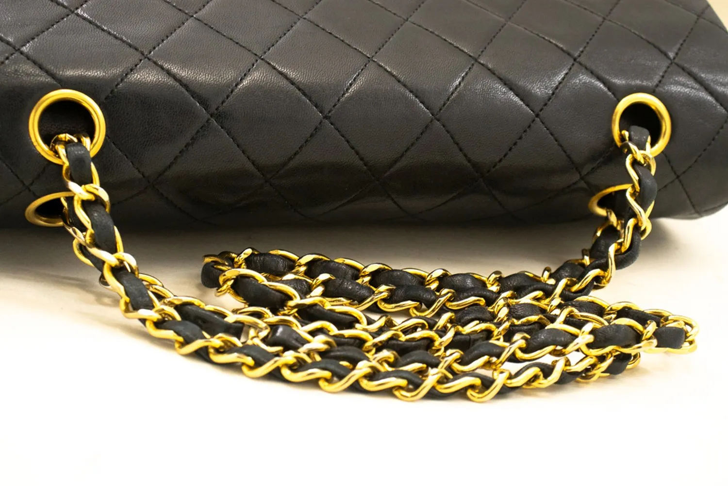 CHANEL Classic Double Flap 10" Chain Shoulder Bag Black Lambskin n09