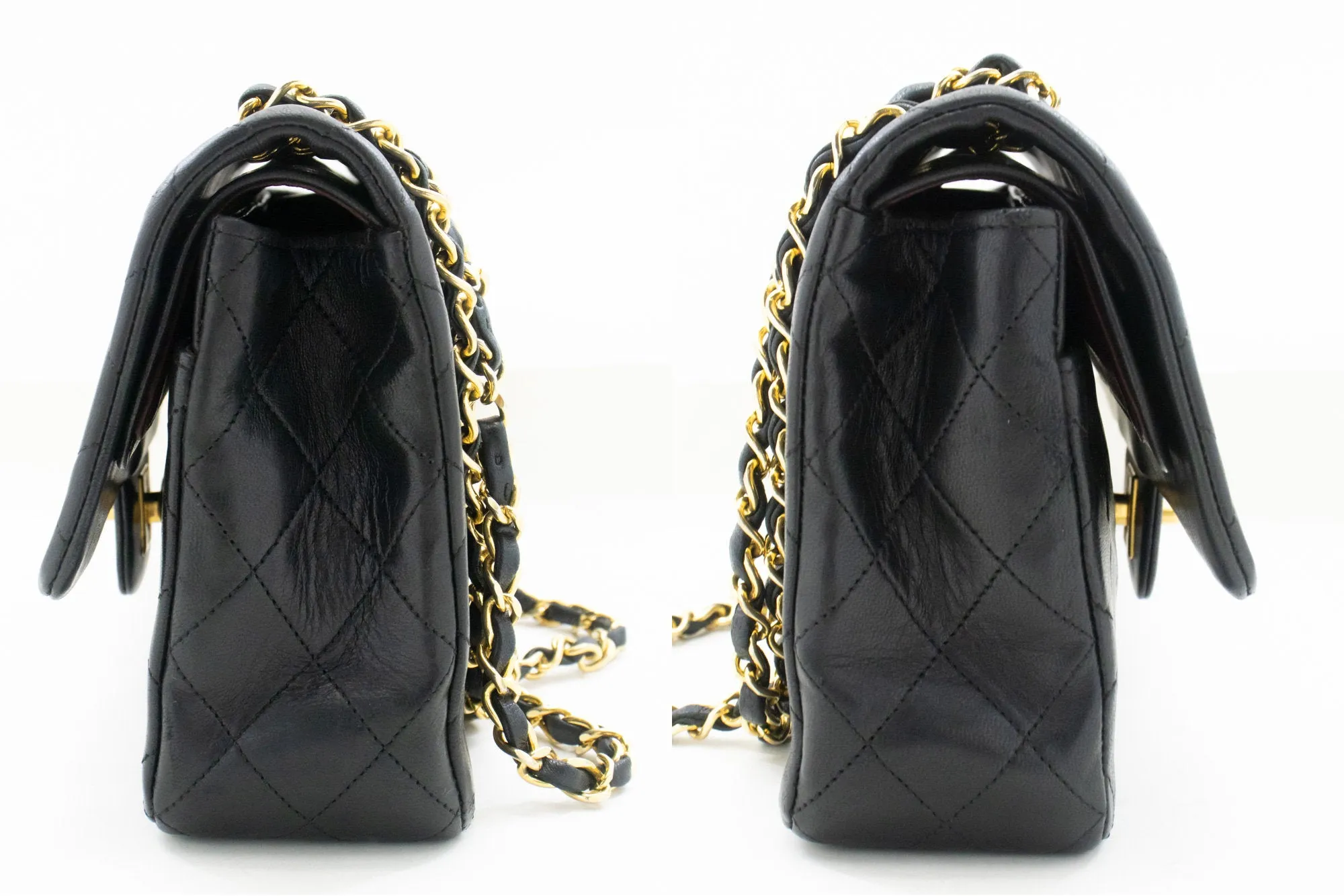 CHANEL Classic Double Flap 10" Chain Shoulder Bag Black Lambskin n09