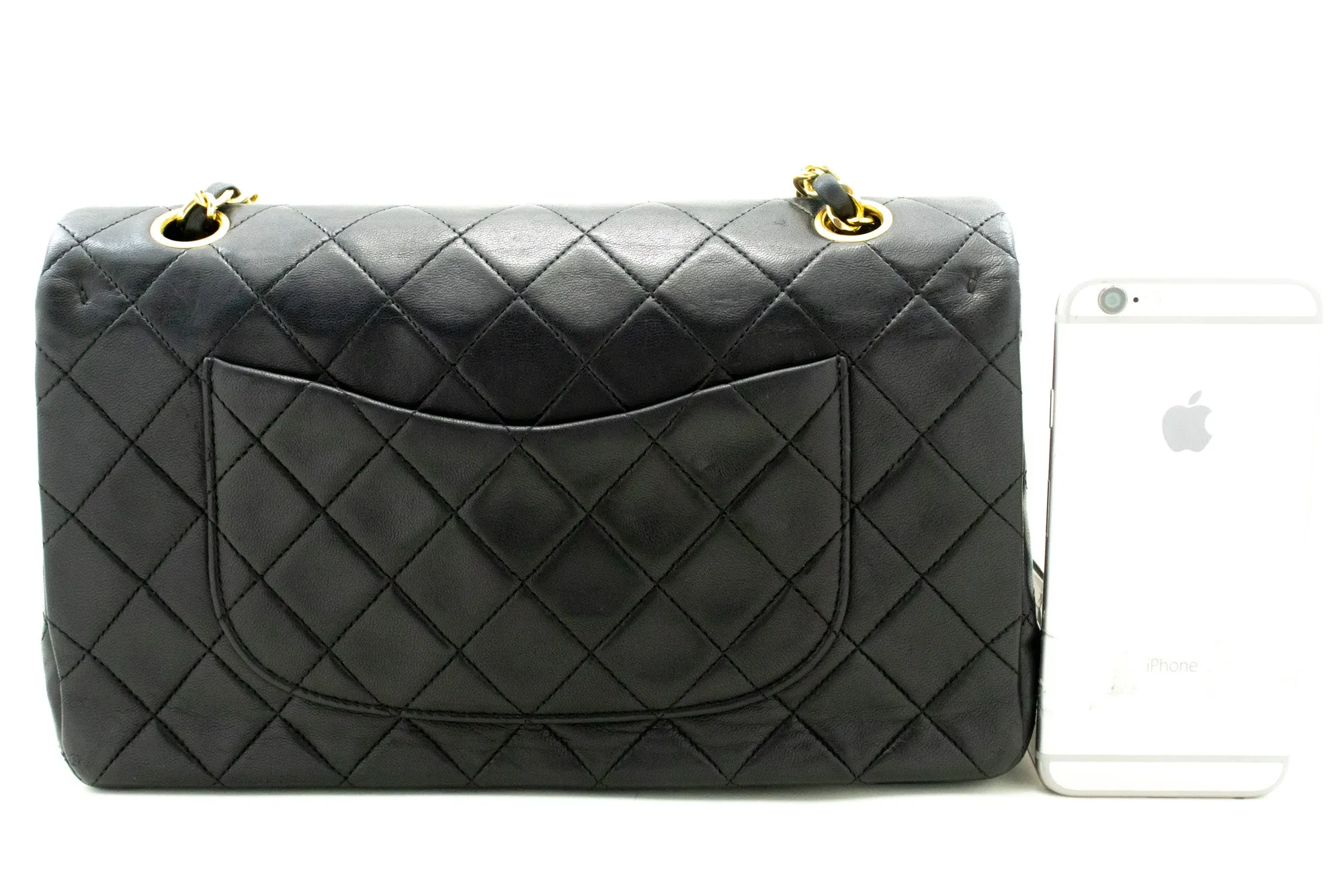 CHANEL Classic Double Flap 10" Chain Shoulder Bag Black Lambskin n09