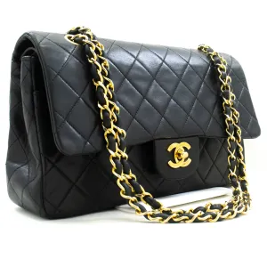 CHANEL Classic Double Flap 10" Chain Shoulder Bag Black Lambskin n09
