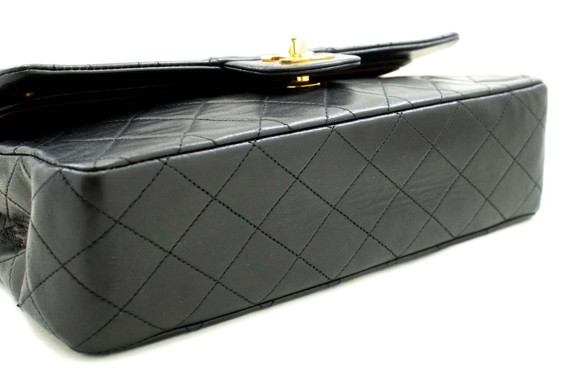 CHANEL Classic Double Flap 10" Chain Shoulder Bag Black Lambskin n09