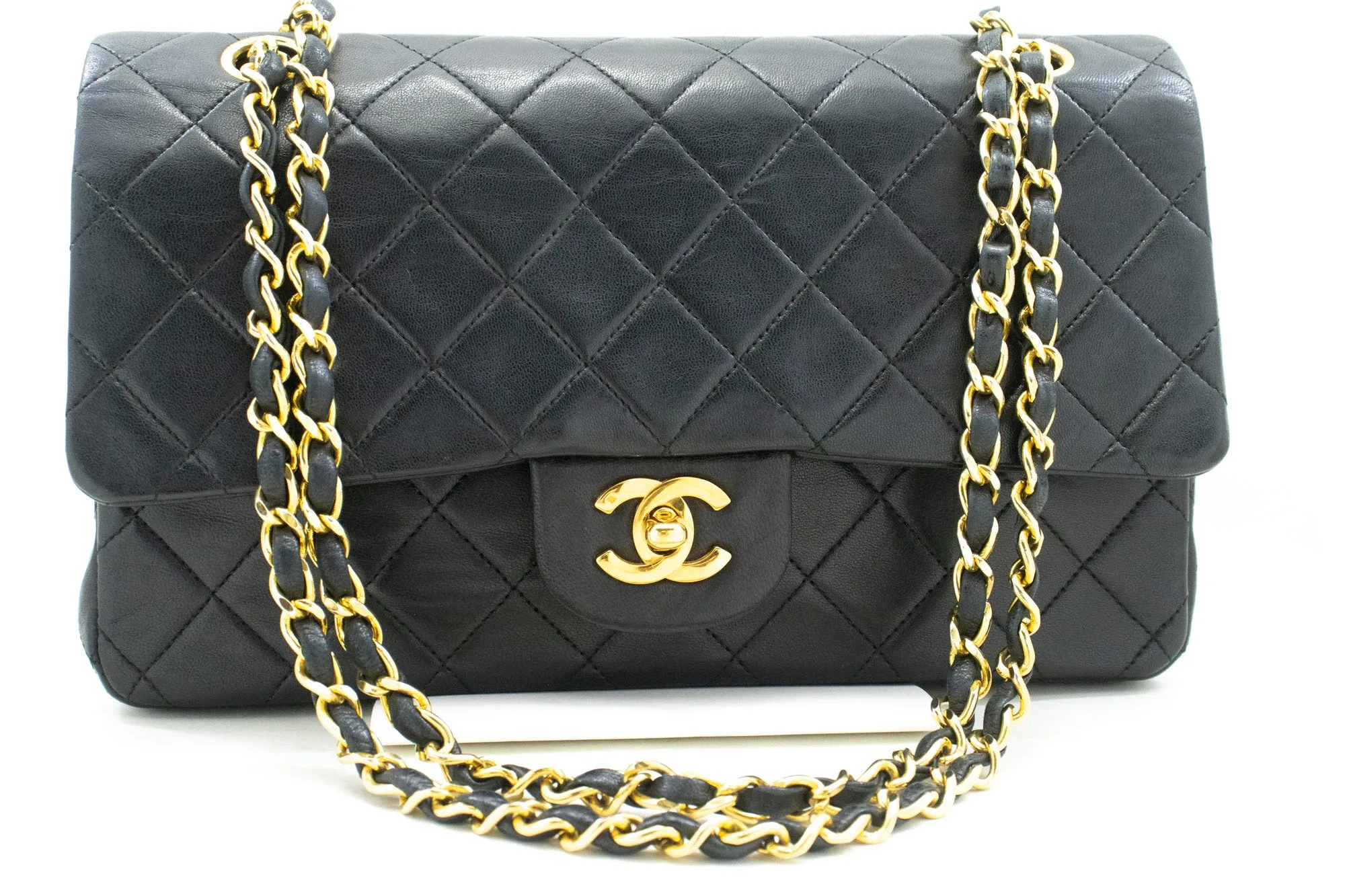 CHANEL Classic Double Flap 10" Chain Shoulder Bag Black Lambskin n09