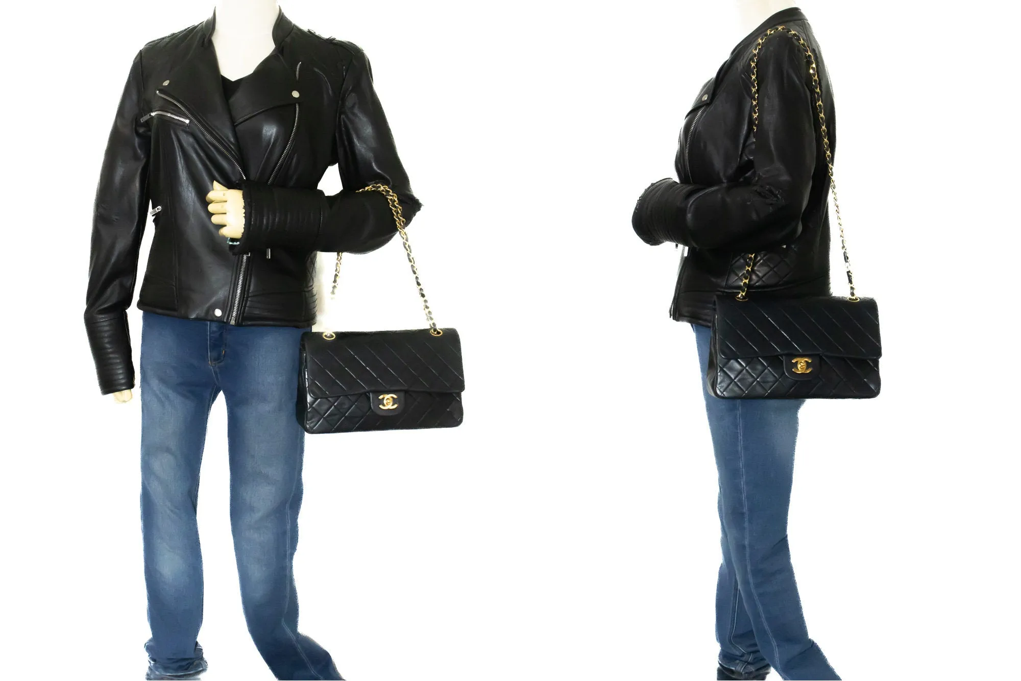 CHANEL Classic Double Flap 10" Chain Shoulder Bag Black Lambskin n09