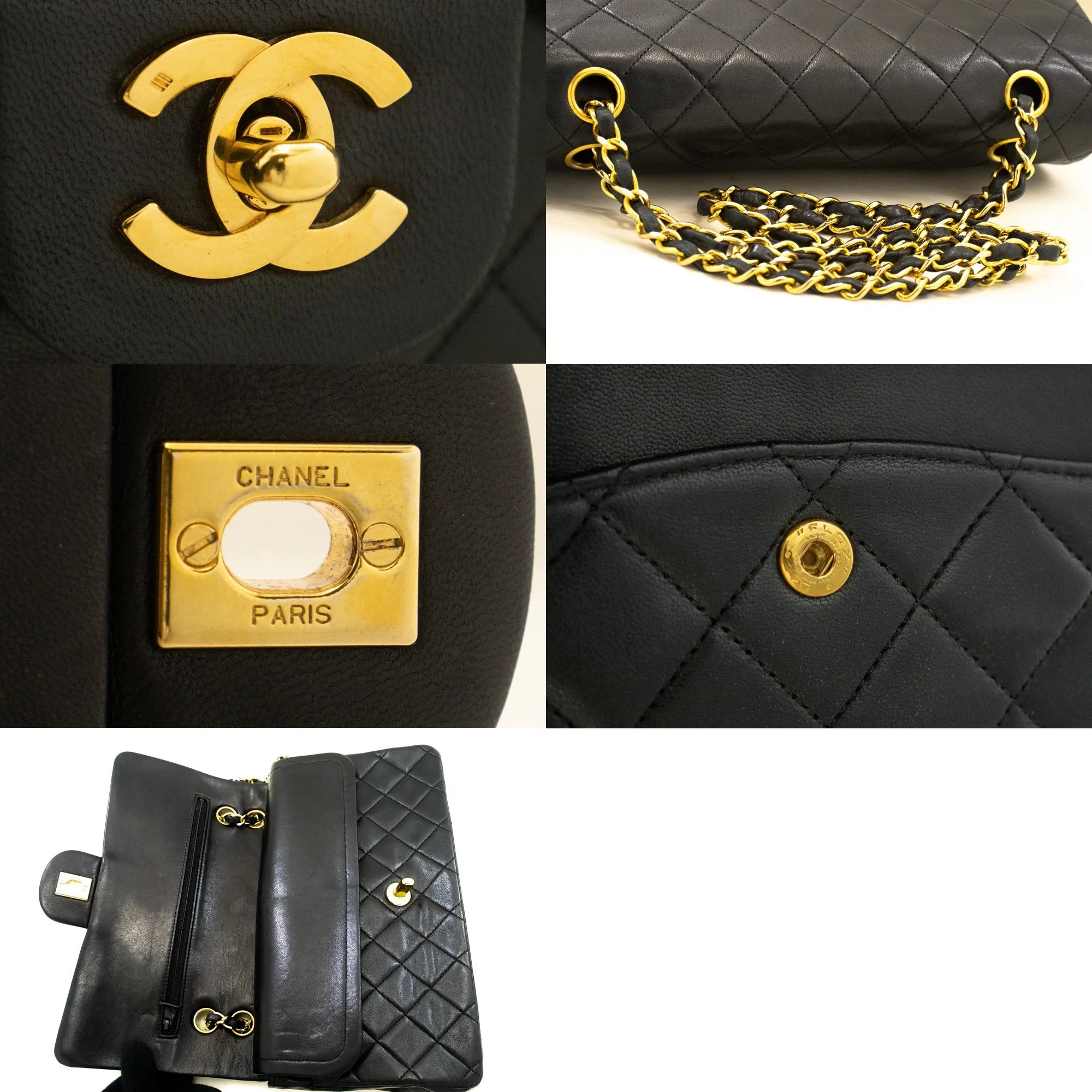 CHANEL Classic Double Flap 10" Chain Shoulder Bag Black Lambskin n09