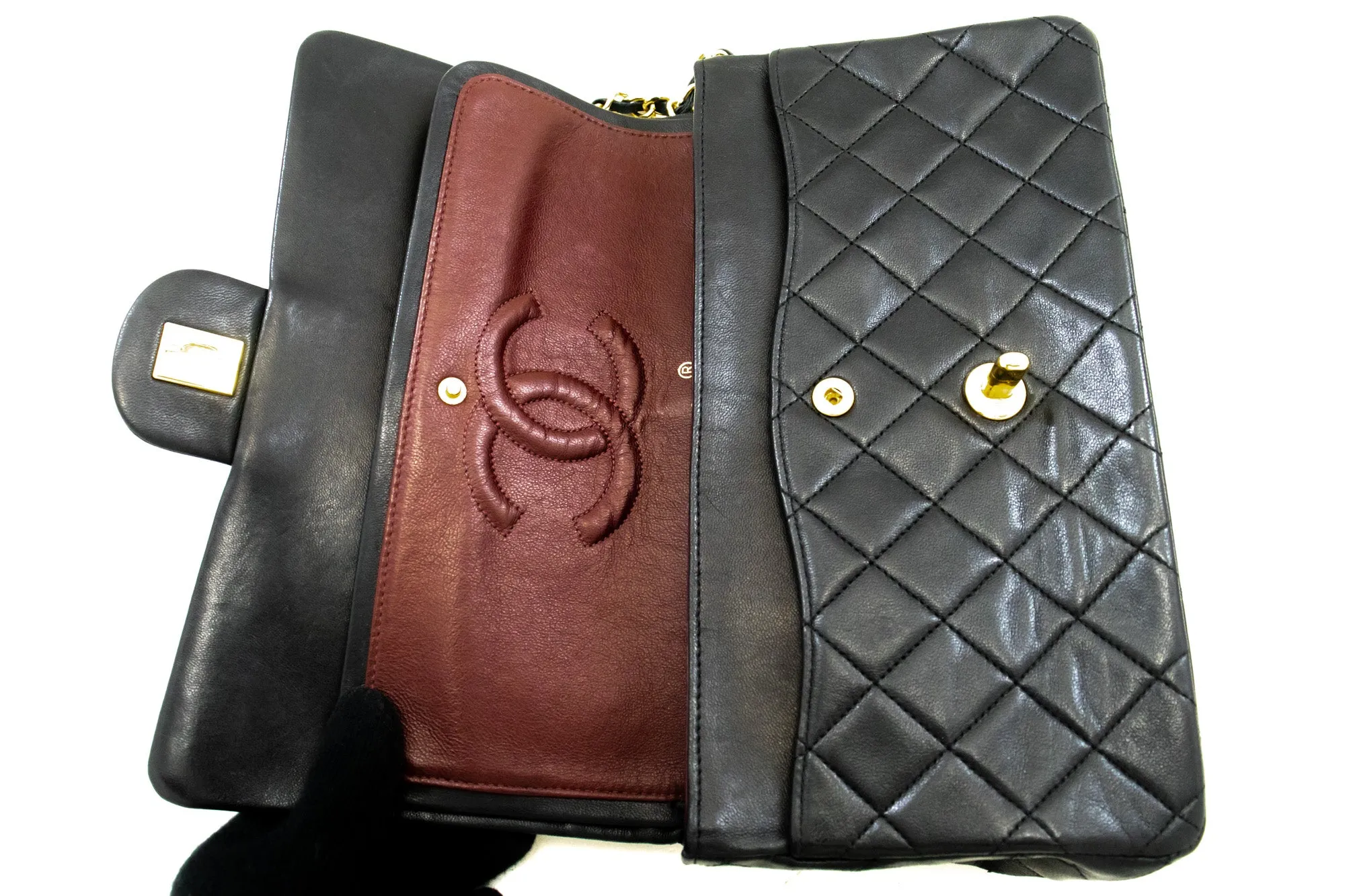 CHANEL Classic Double Flap 10" Chain Shoulder Bag Black Lambskin n09