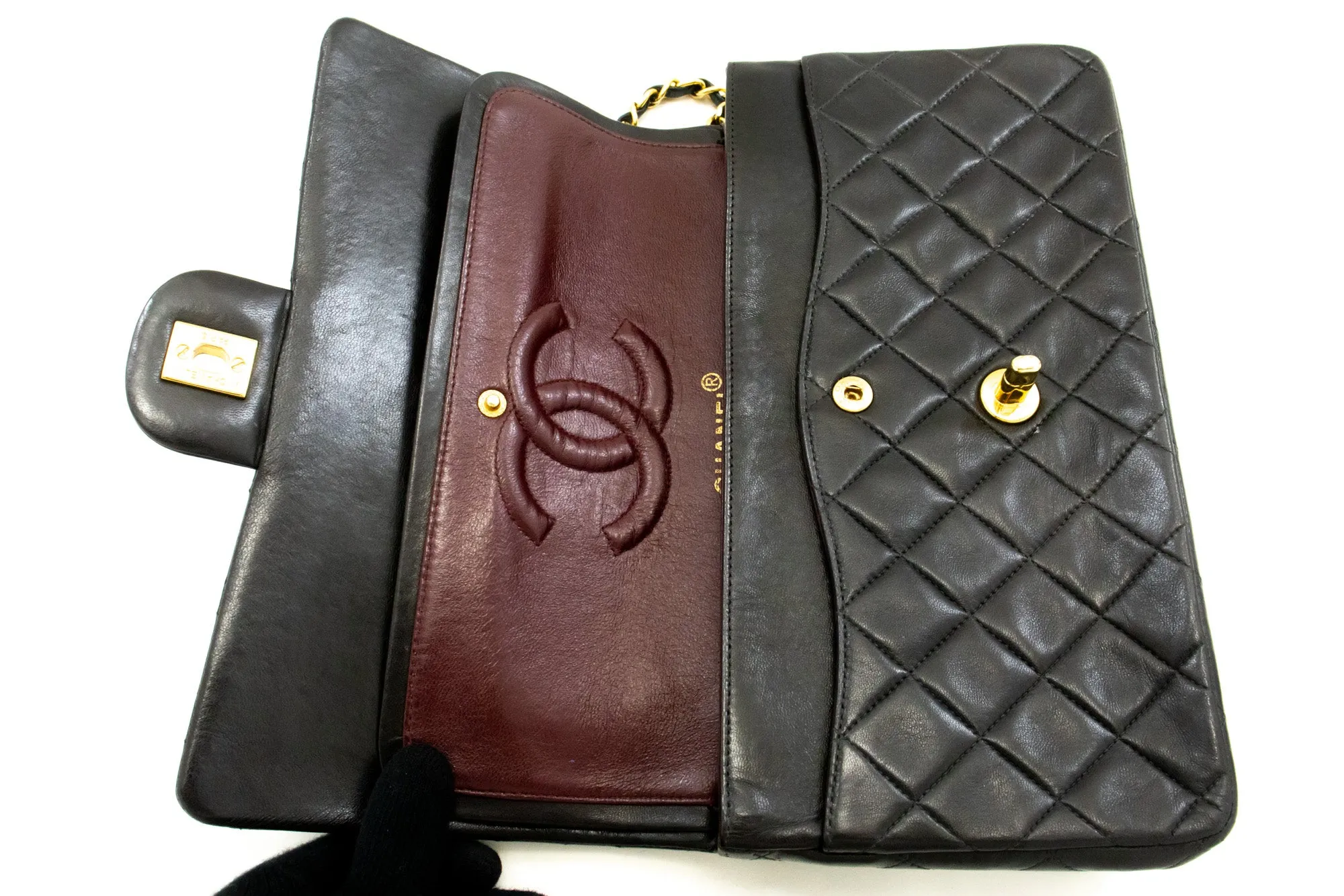 CHANEL Classic Double Flap 10" Chain Shoulder Bag Black Lambskin n34