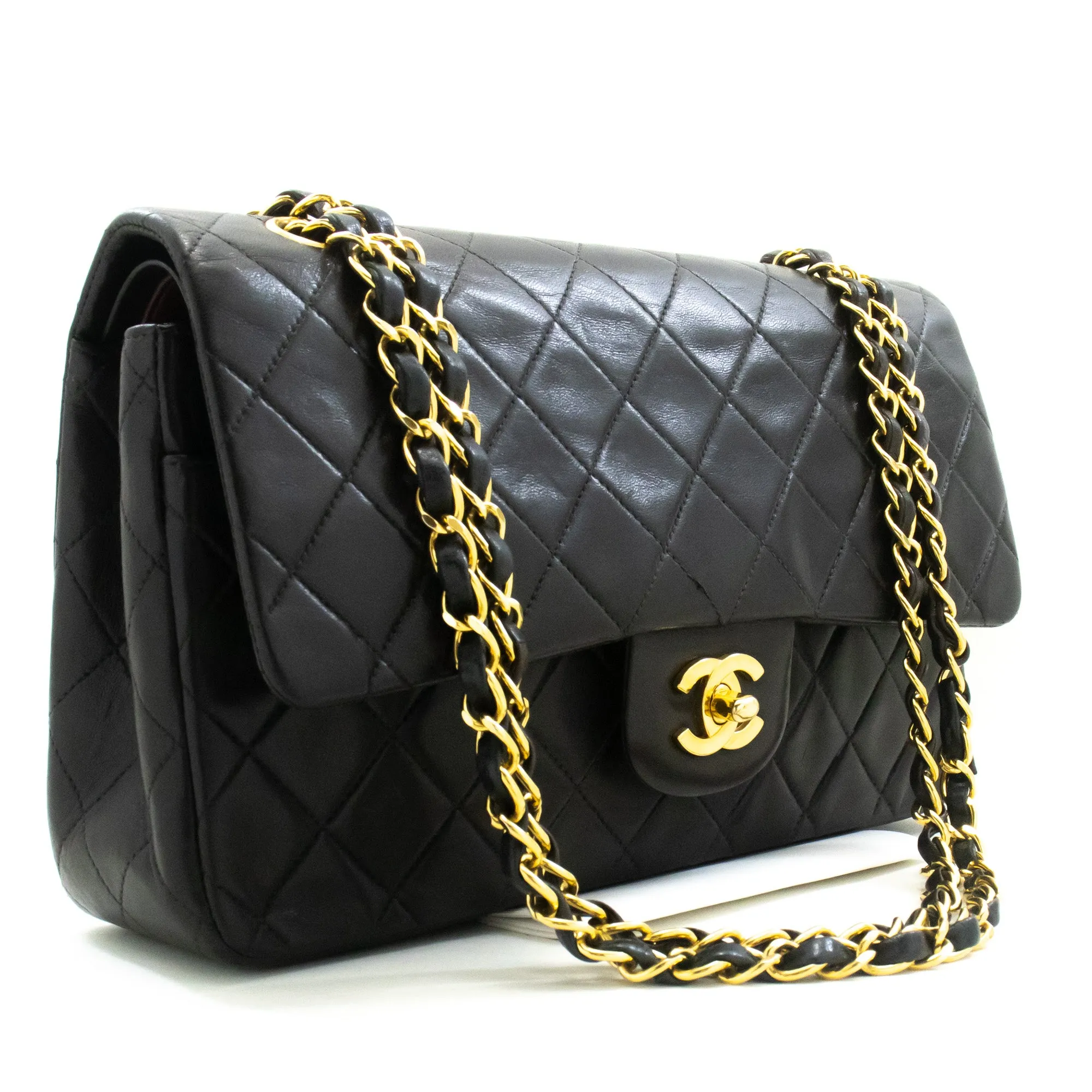CHANEL Classic Double Flap 10" Chain Shoulder Bag Black Lambskin n34