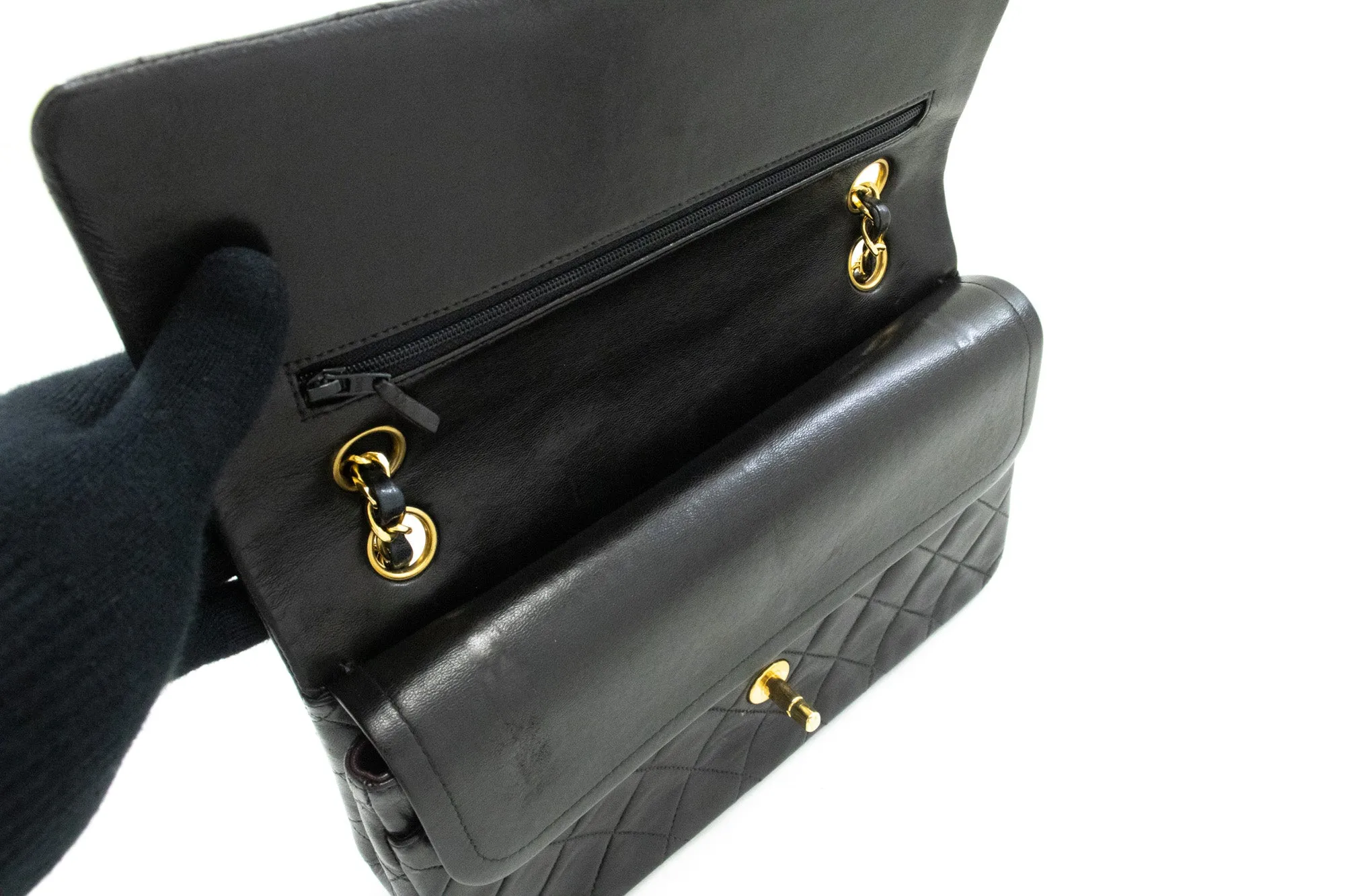 CHANEL Classic Double Flap 10" Chain Shoulder Bag Black Lambskin n34