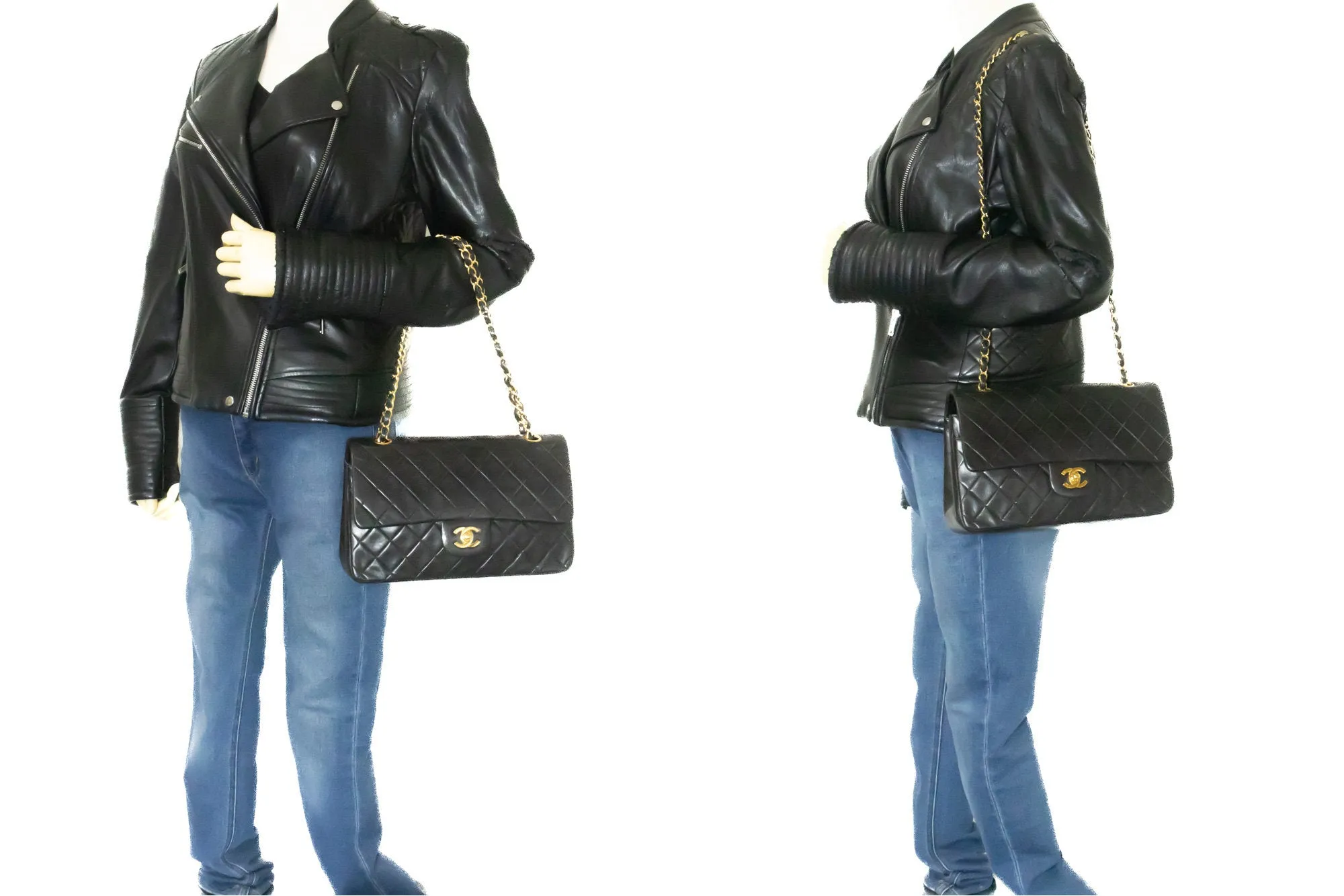 CHANEL Classic Double Flap 10" Chain Shoulder Bag Black Lambskin n34