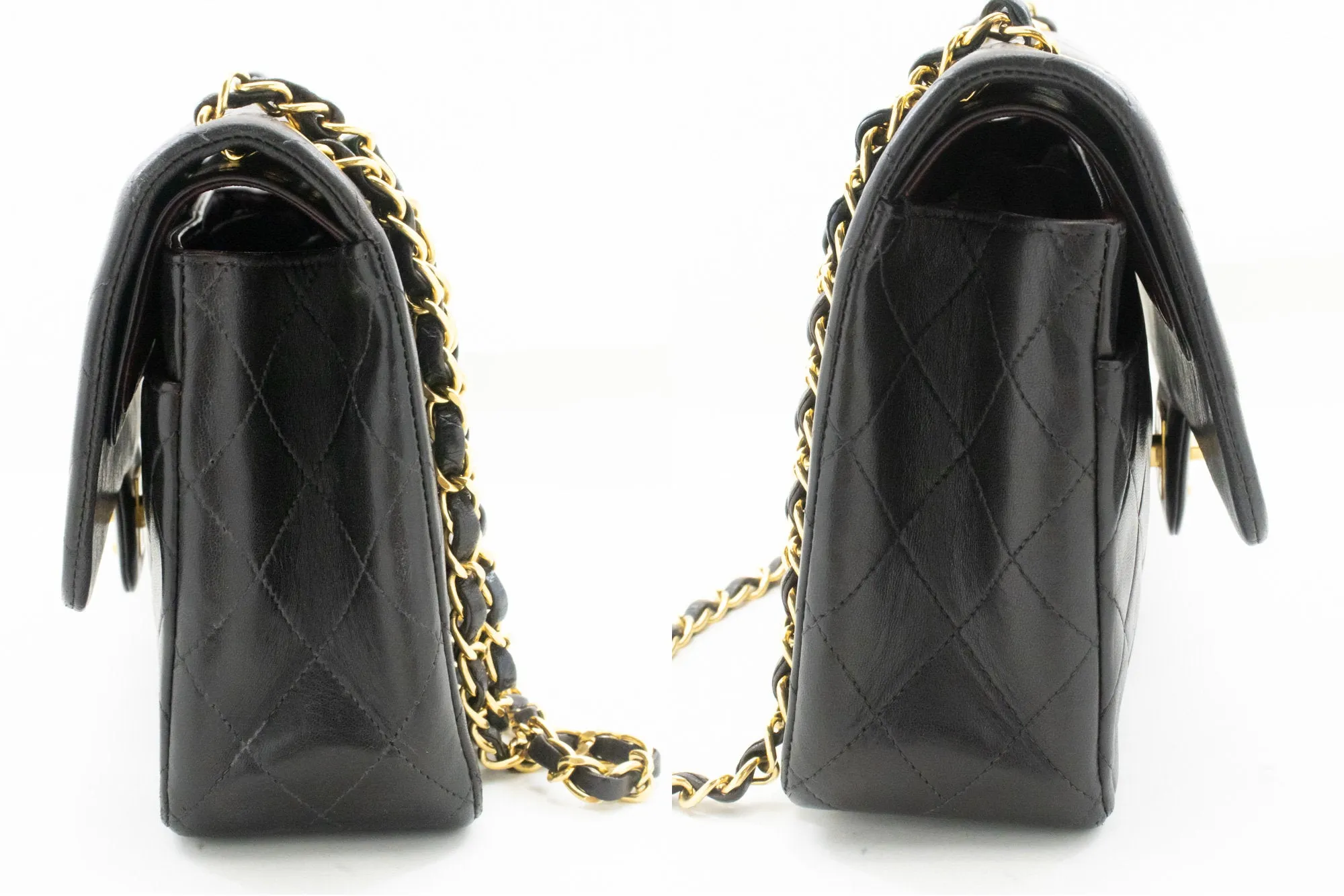 CHANEL Classic Double Flap 10" Chain Shoulder Bag Black Lambskin n34