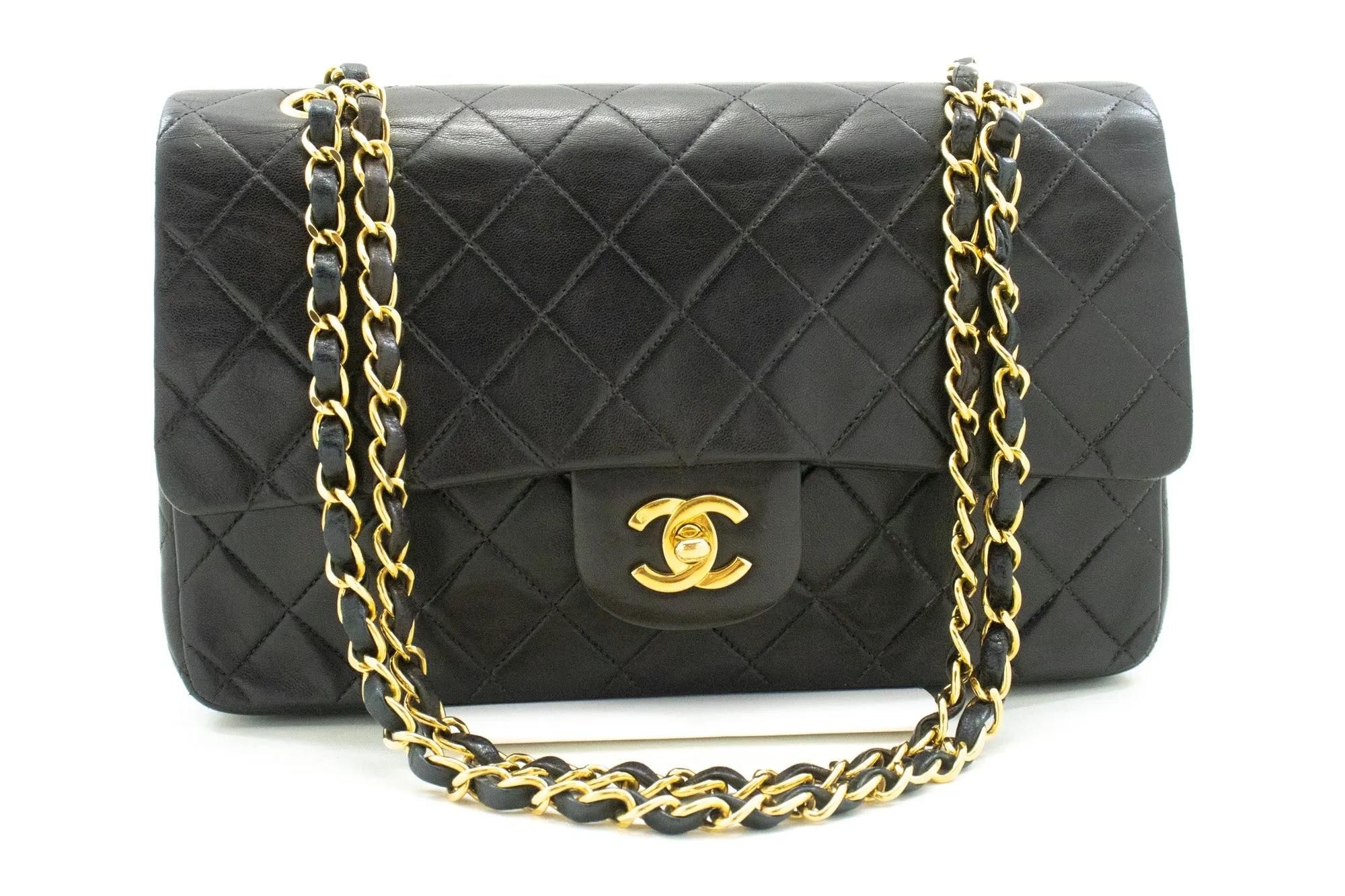 CHANEL Classic Double Flap 10" Chain Shoulder Bag Black Lambskin n34
