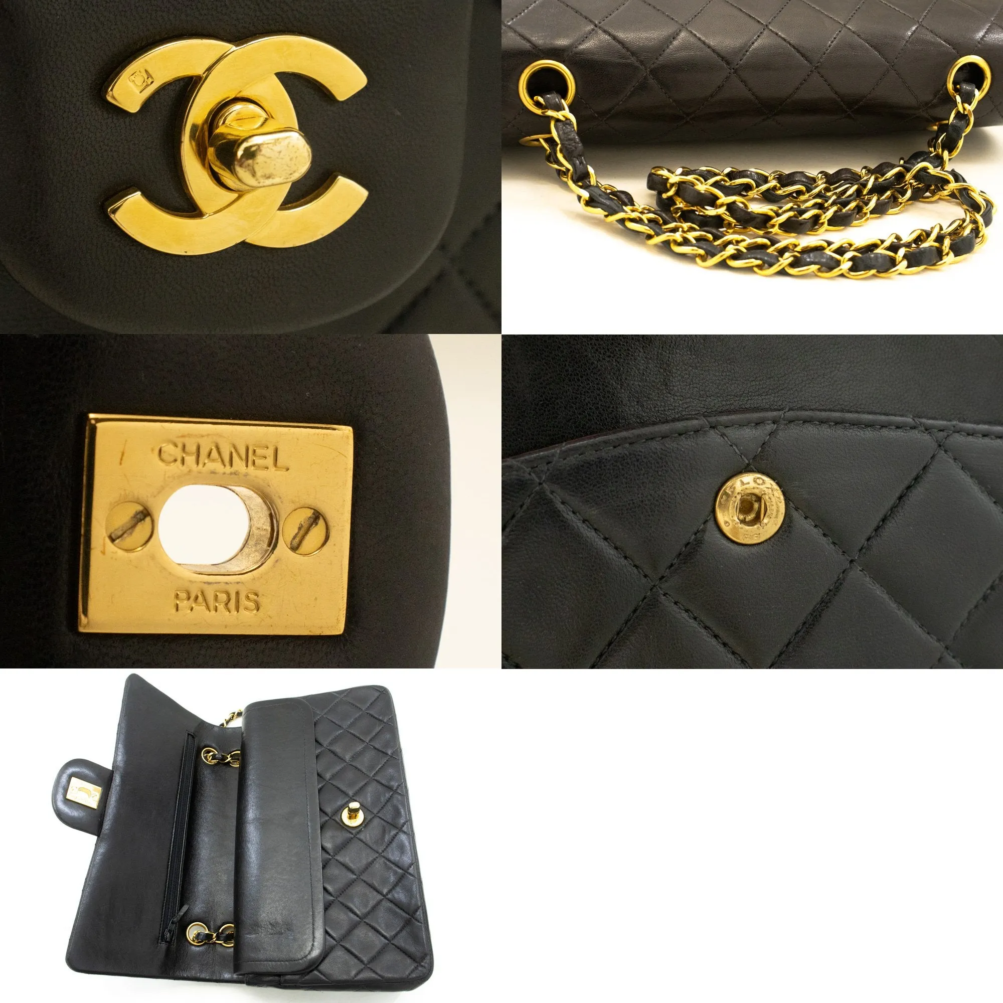 CHANEL Classic Double Flap 10" Chain Shoulder Bag Black Lambskin n34
