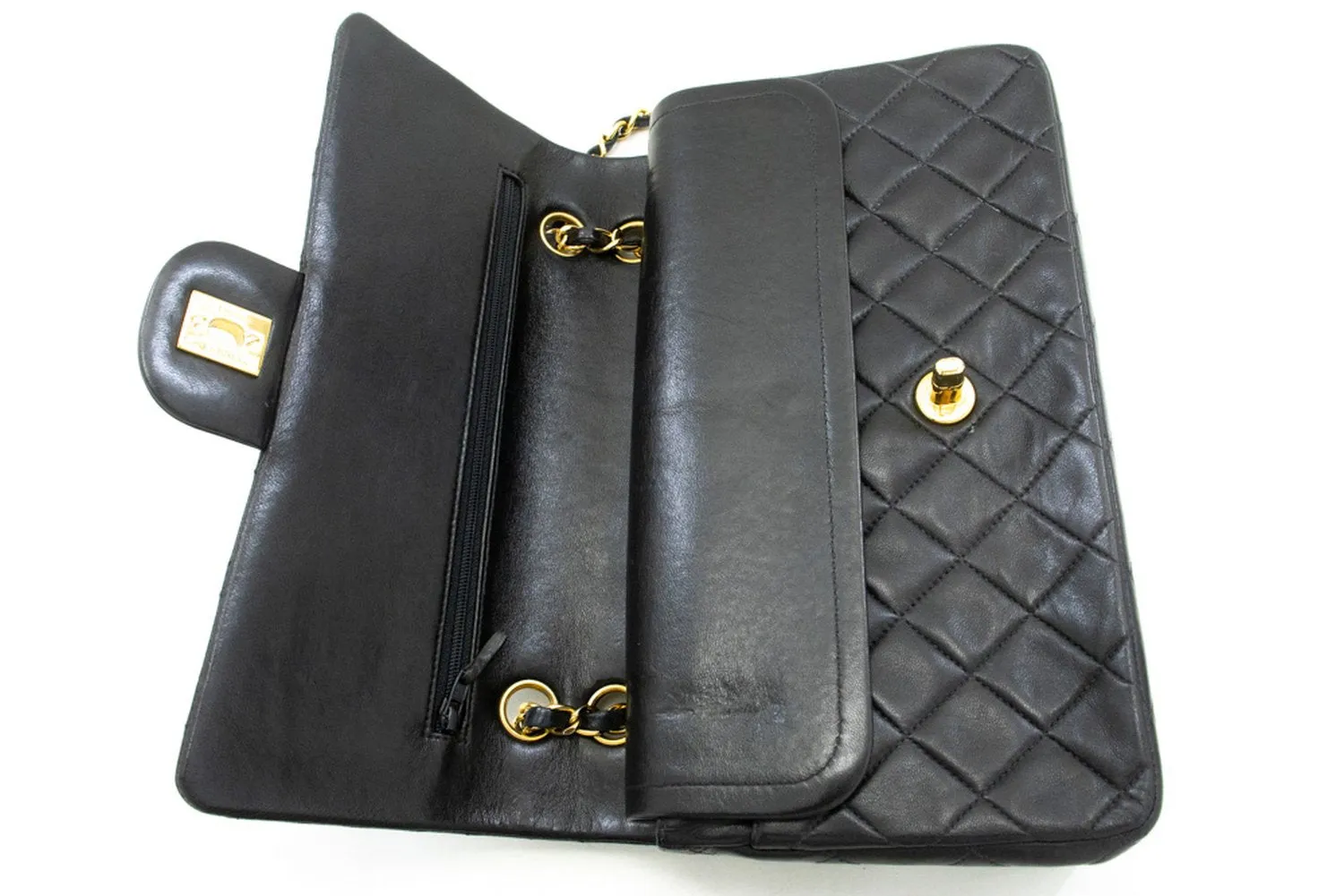 CHANEL Classic Double Flap 10" Chain Shoulder Bag Black Lambskin n34
