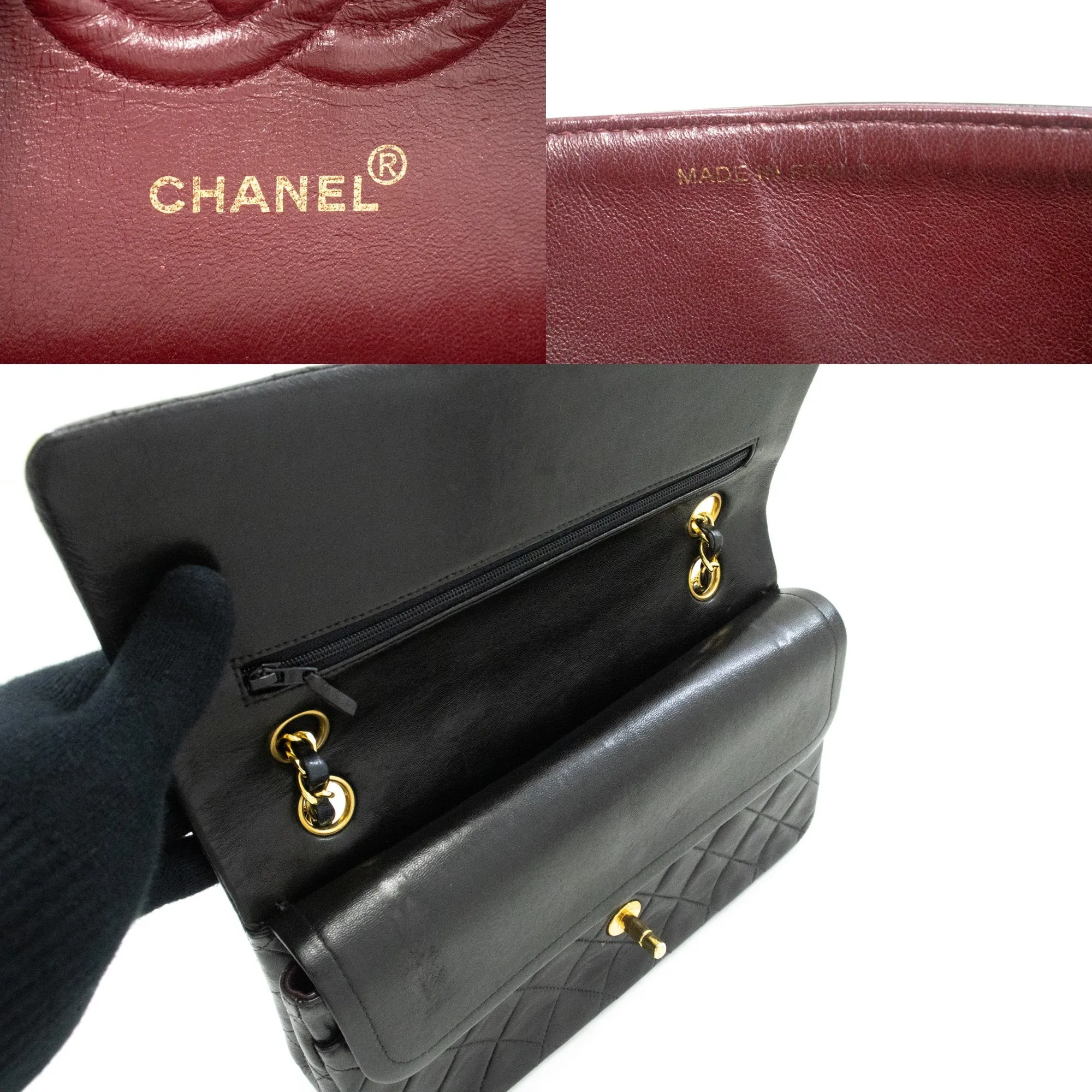 CHANEL Classic Double Flap 10" Chain Shoulder Bag Black Lambskin n34