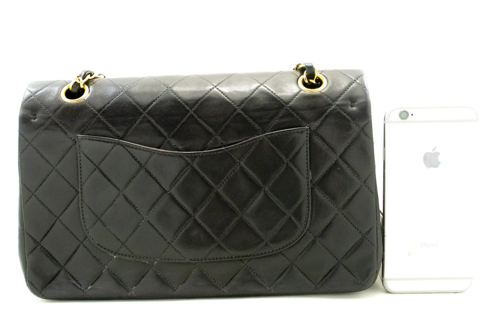 CHANEL Classic Double Flap 10" Chain Shoulder Bag Black Lambskin n34