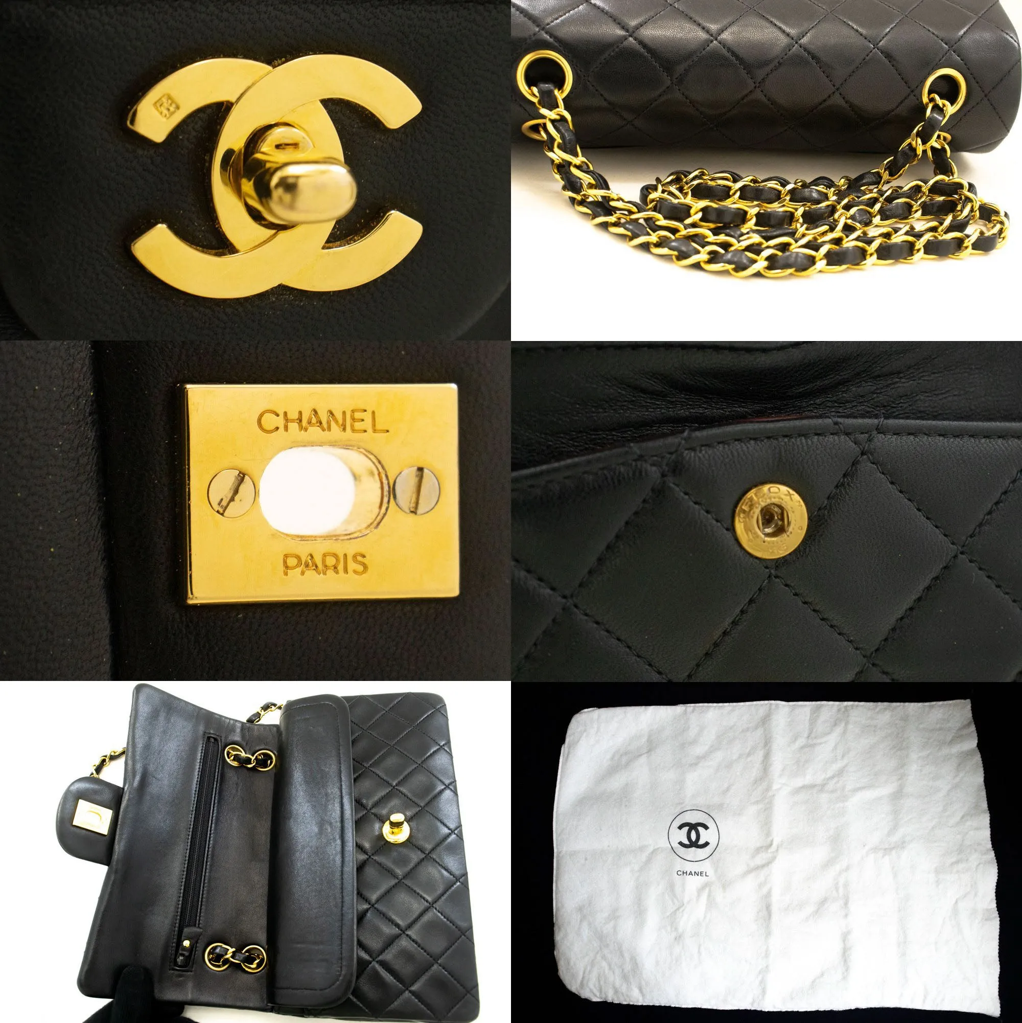 CHANEL Classic Double Flap 9" Chain Shoulder Bag Black Lambskin p43