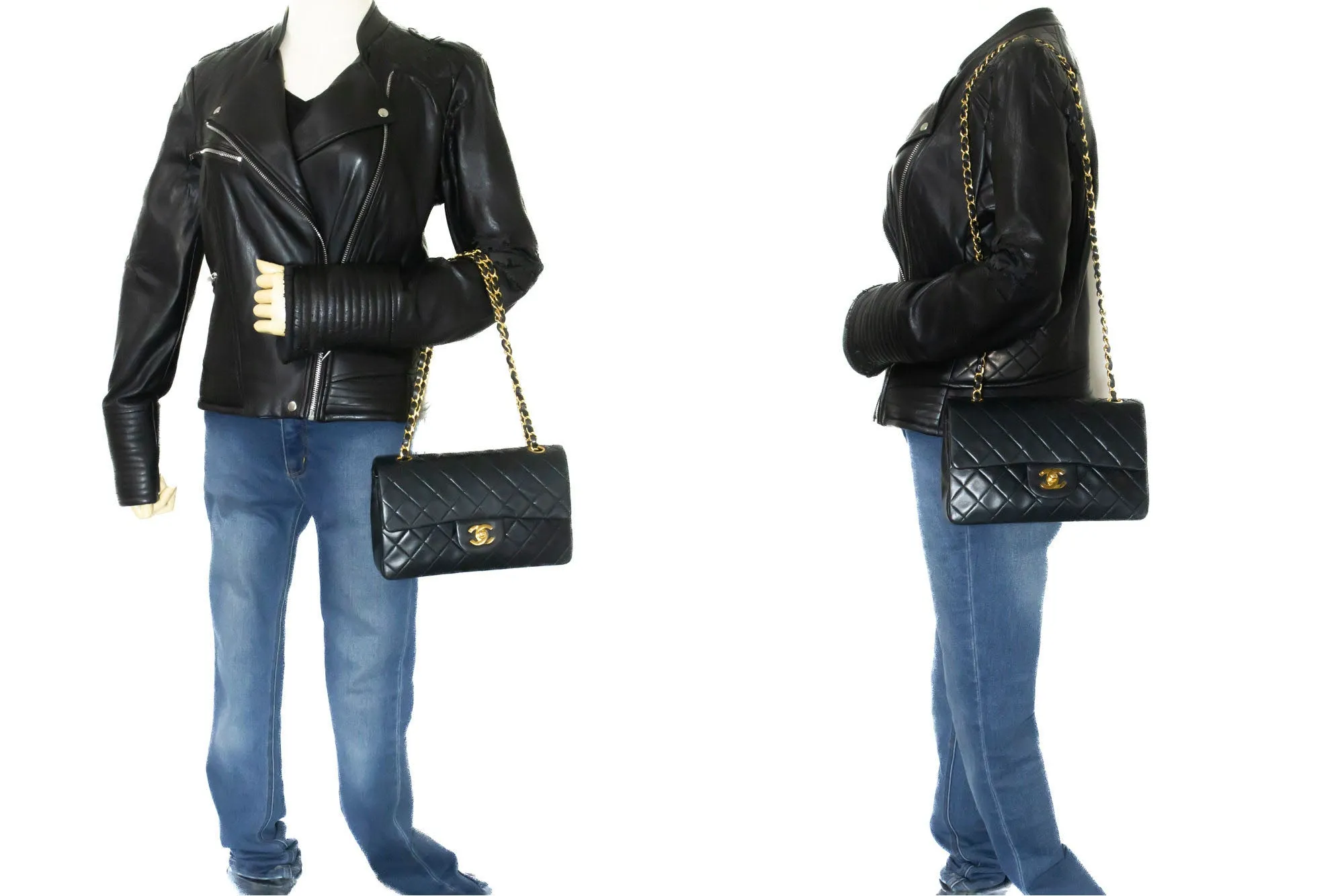 CHANEL Classic Double Flap 9" Chain Shoulder Bag Black Lambskin p43