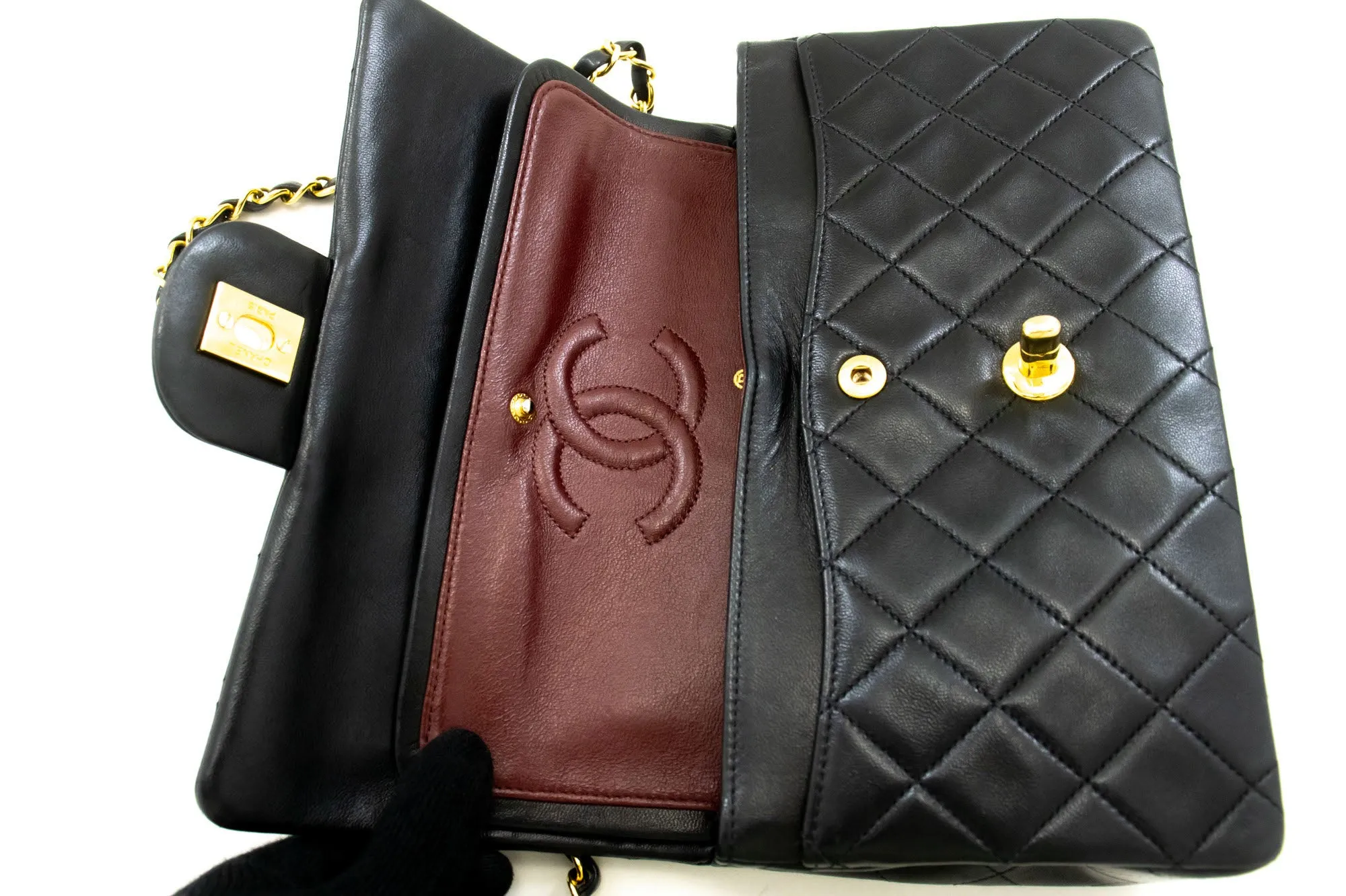 CHANEL Classic Double Flap 9" Chain Shoulder Bag Black Lambskin p43