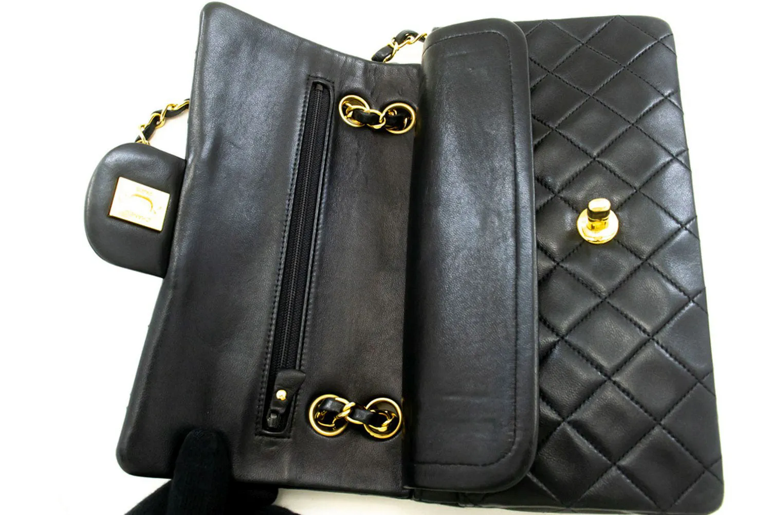 CHANEL Classic Double Flap 9" Chain Shoulder Bag Black Lambskin p43