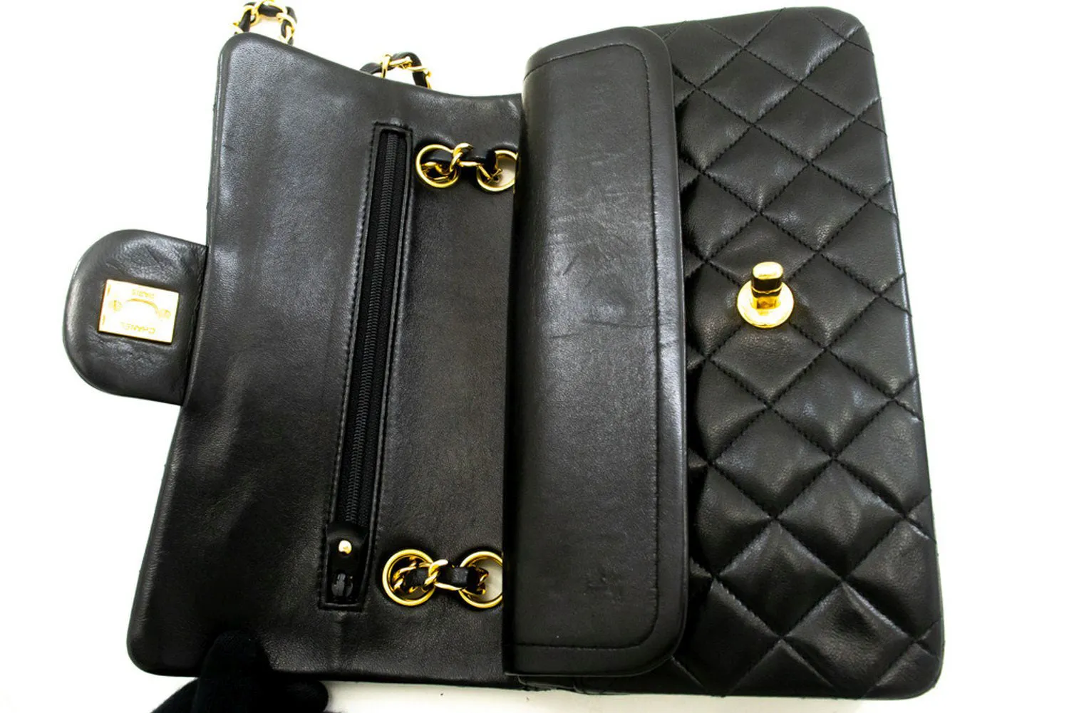 CHANEL Classic Double Flap 9" Chain Shoulder Bag Black Lambskin p51