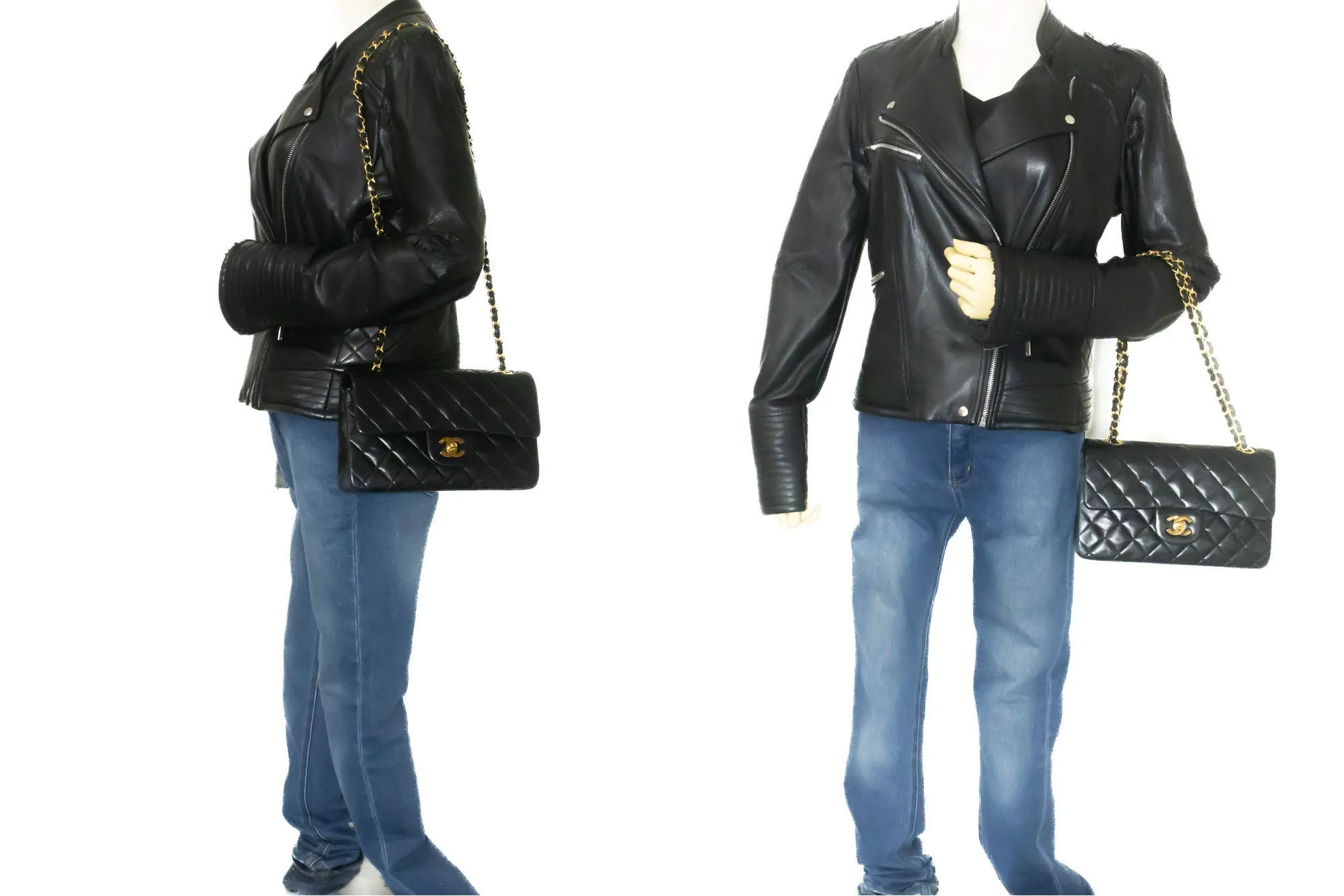 CHANEL Classic Double Flap 9" Chain Shoulder Bag Black Lambskin p51