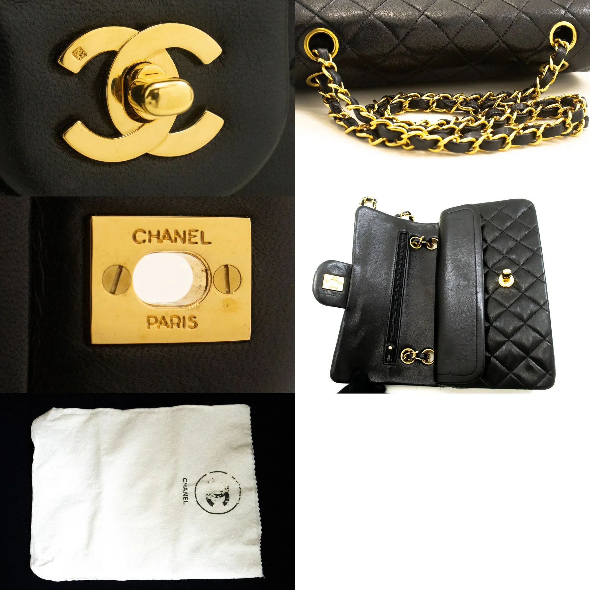 CHANEL Classic Double Flap 9" Chain Shoulder Bag Black Lambskin p51