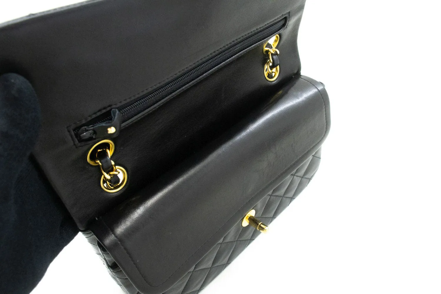 CHANEL Classic Double Flap 9" Chain Shoulder Bag Black Lambskin p51