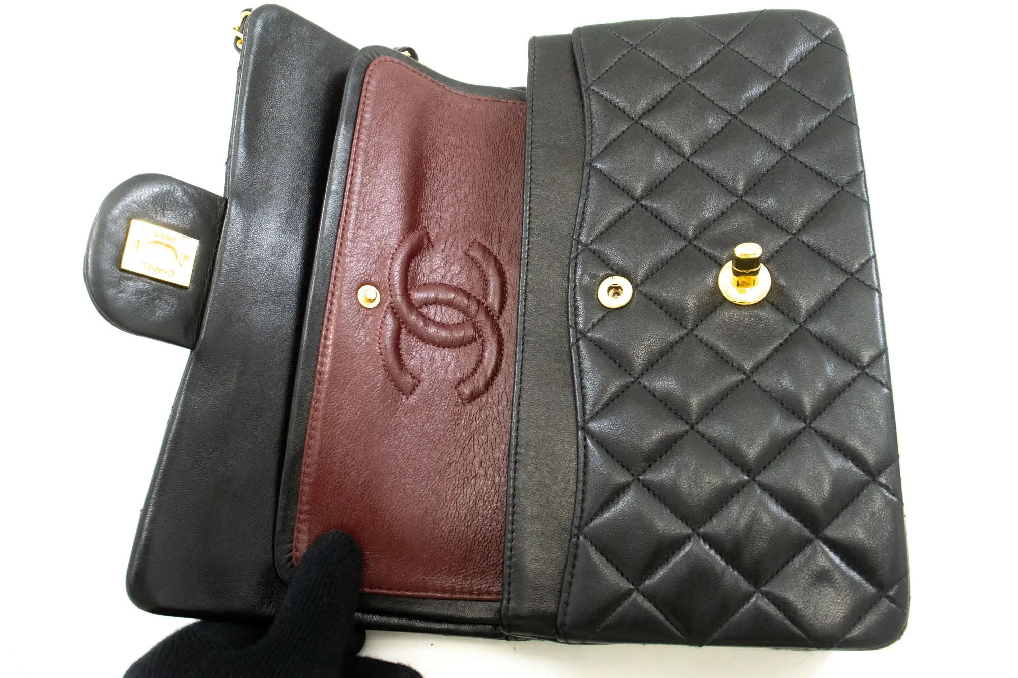 CHANEL Classic Double Flap 9" Chain Shoulder Bag Black Lambskin p51