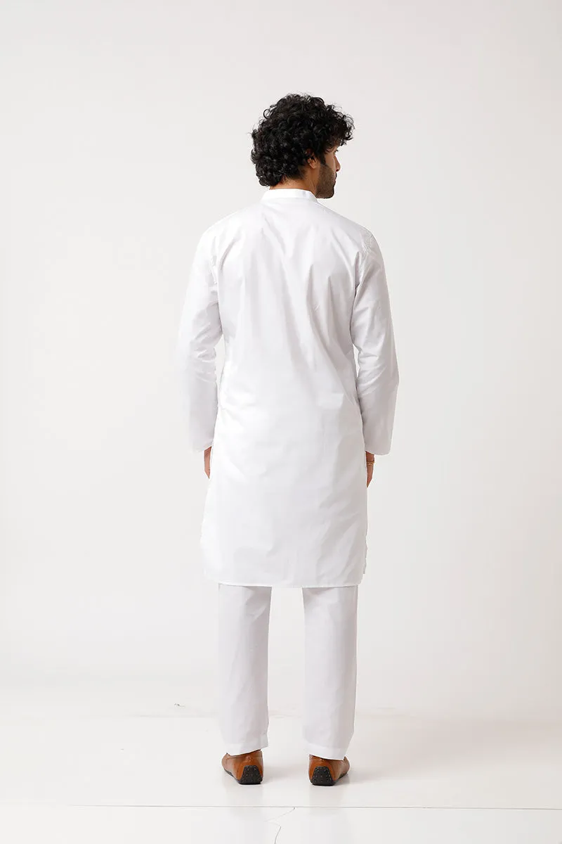 Classic - White Cotton Knee Length Kurta and Pyjama Combo For Men | Uathayam