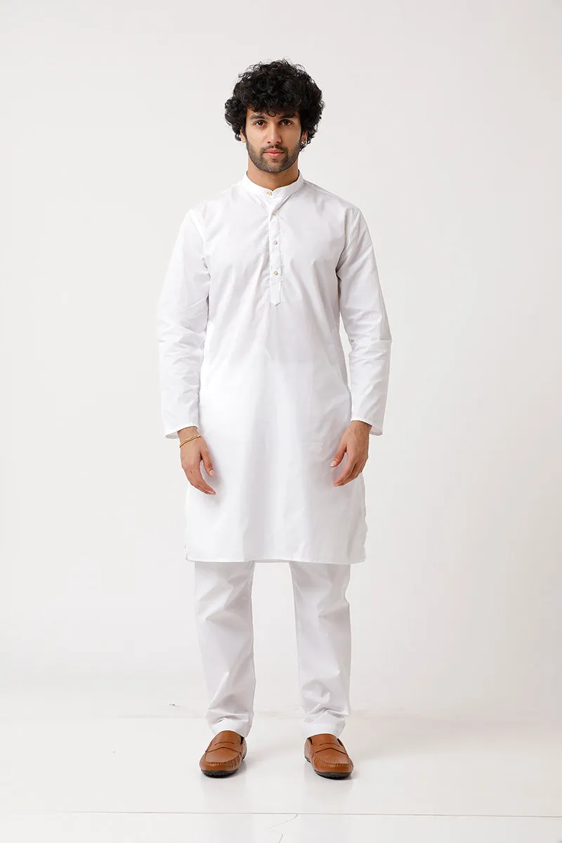 Classic - White Cotton Knee Length Kurta and Pyjama Combo For Men | Uathayam