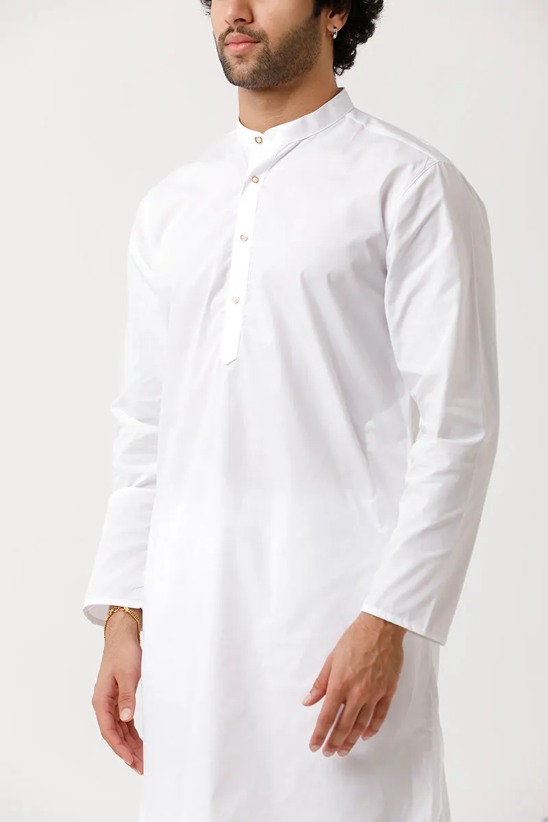 Classic - White Cotton Knee Length Kurta and Pyjama Combo For Men | Uathayam