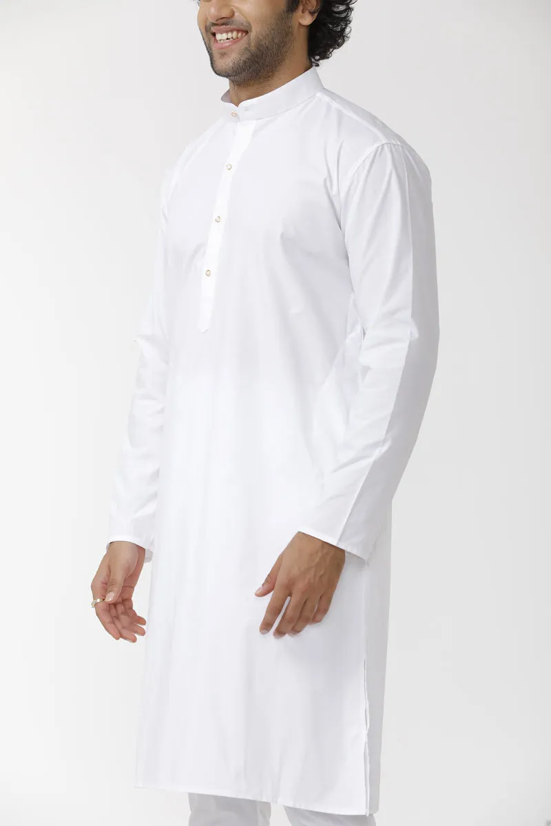 Classic - White Cotton Knee Length Kurta and Pyjama Combo For Men | Uathayam