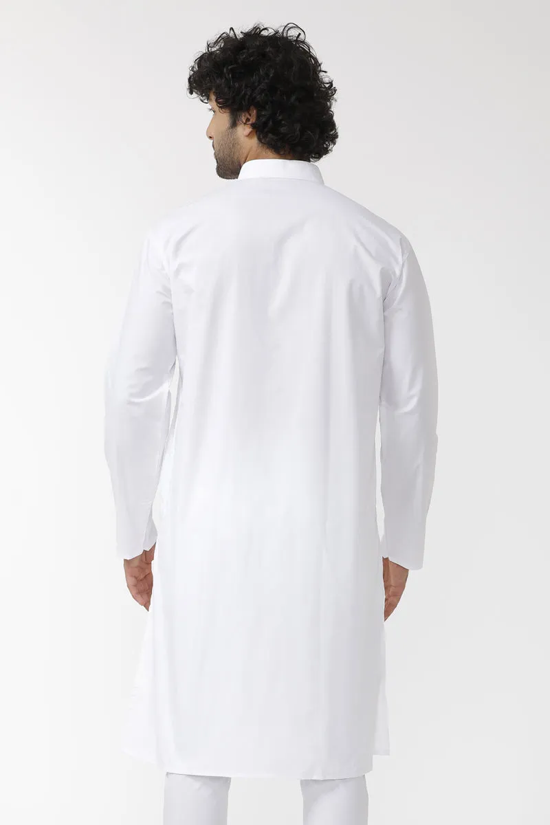 Classic - White Cotton Knee Length Kurta and Pyjama Combo For Men | Uathayam