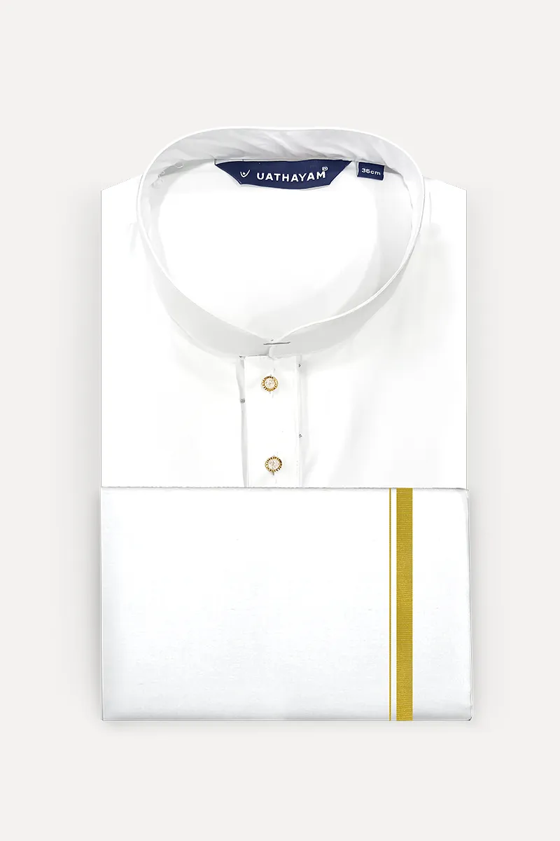 Classic - White Knee Length Kurta and 3/4" Gold Jari Dhoti Combo For Mens | Uathayam