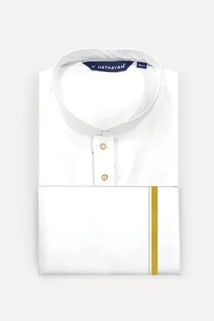 Classic - White Knee Length Kurta and 3/4" Gold Jari Dhoti Combo For Mens | Uathayam