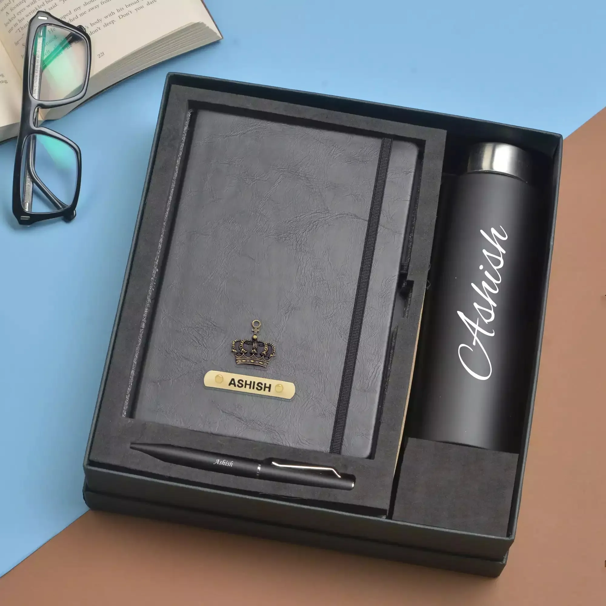 Classy Hardcover Diary   Classic Metal Pen   Classic Smart Bottle  (Black) - Black