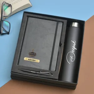 Classy Hardcover Diary   Classic Metal Pen   Classic Smart Bottle  (Black) - Black