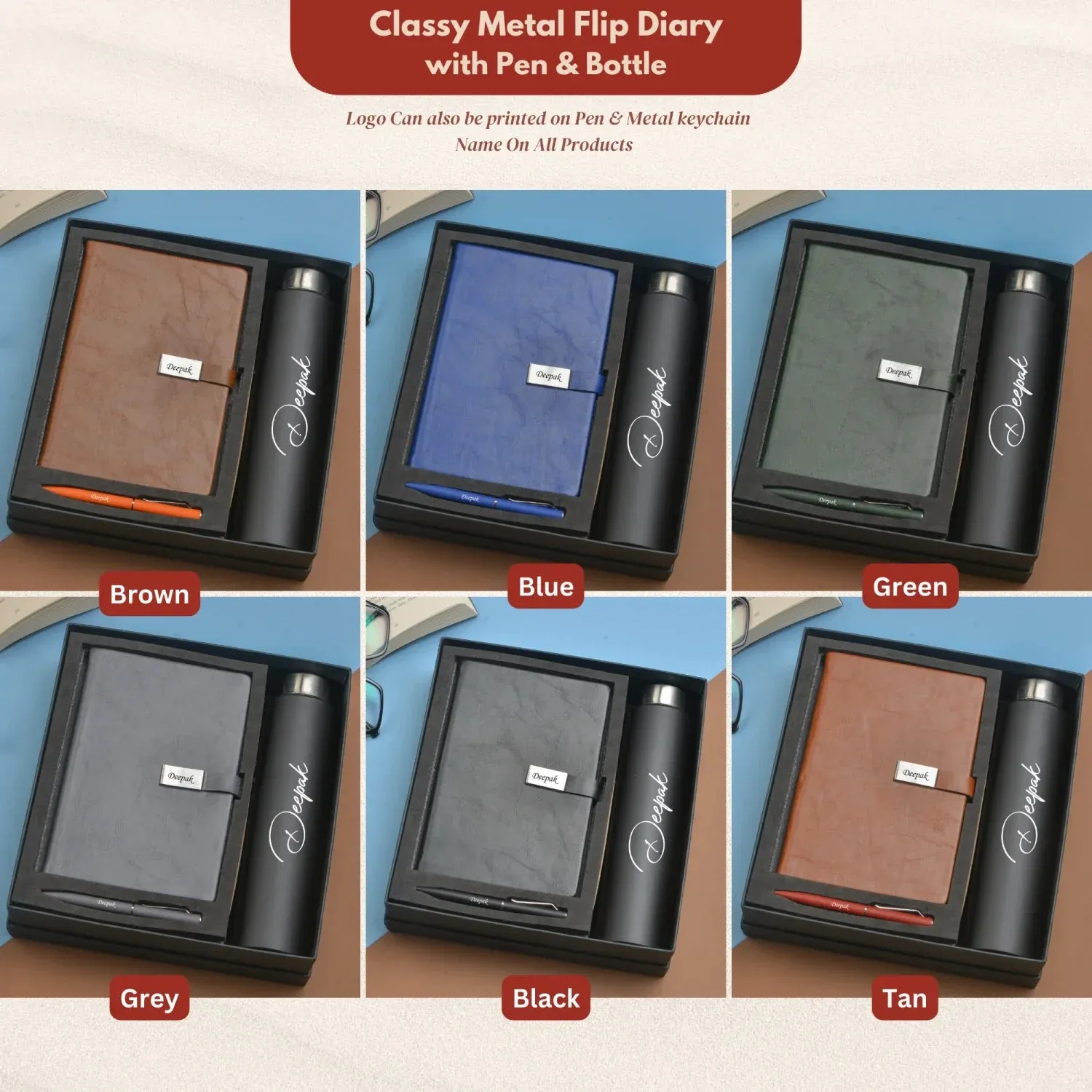Classy Hardcover Diary   Classic Metal Pen   Classic Smart Bottle  (Black) - Black