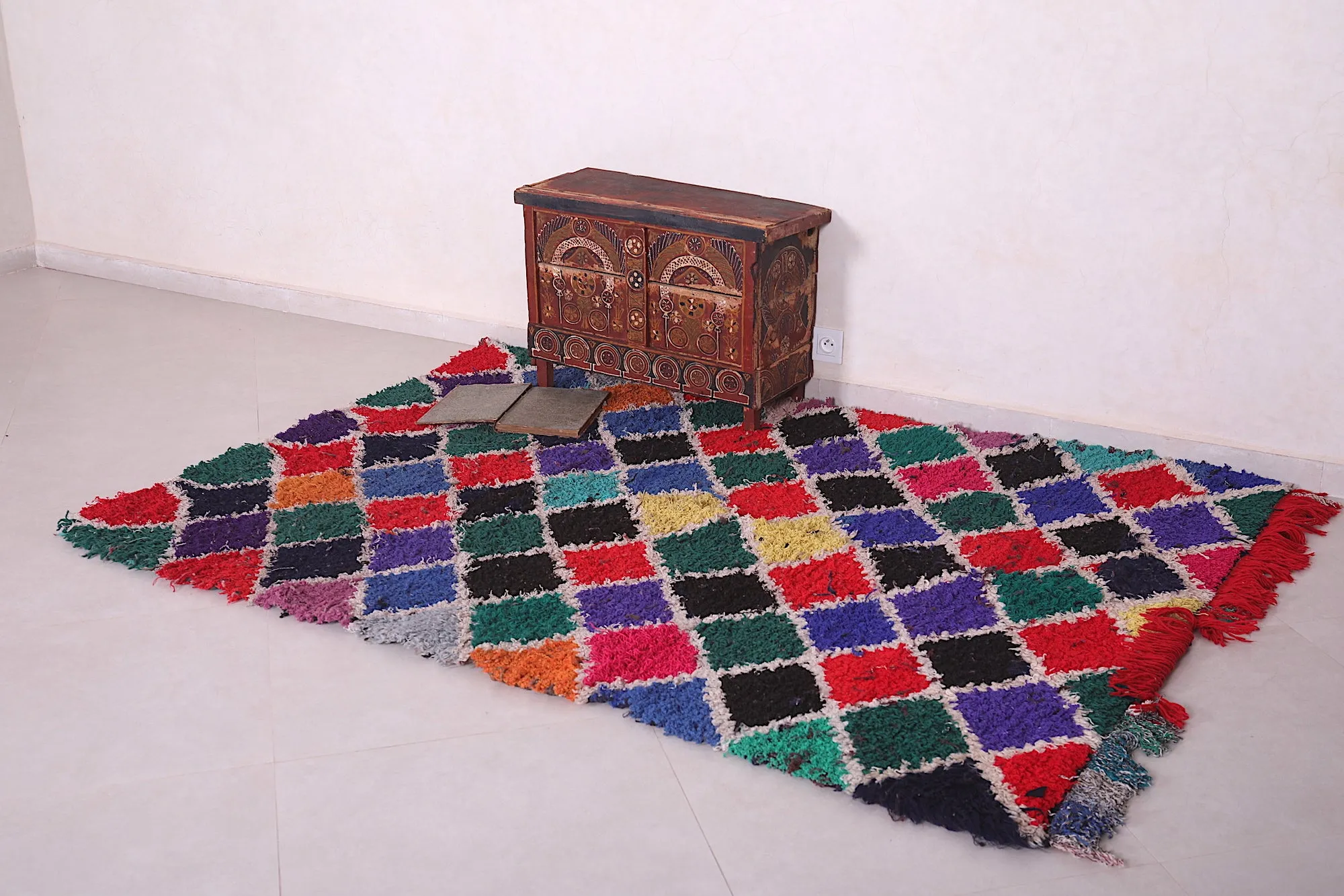 Colorful Moroccan Boucherouite Rug - Handwoven Statement Piece | 5 x 6.8 Ft