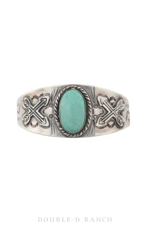 Cuff, Fred Harvey Railroad Era, Turquoise, Single Stone With Crossed Arrow Motif, Hallmark, Vintage, 3641