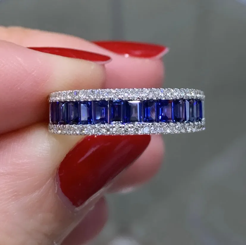 Diamond and Baguette-cut Blue Sapphire Band Ring