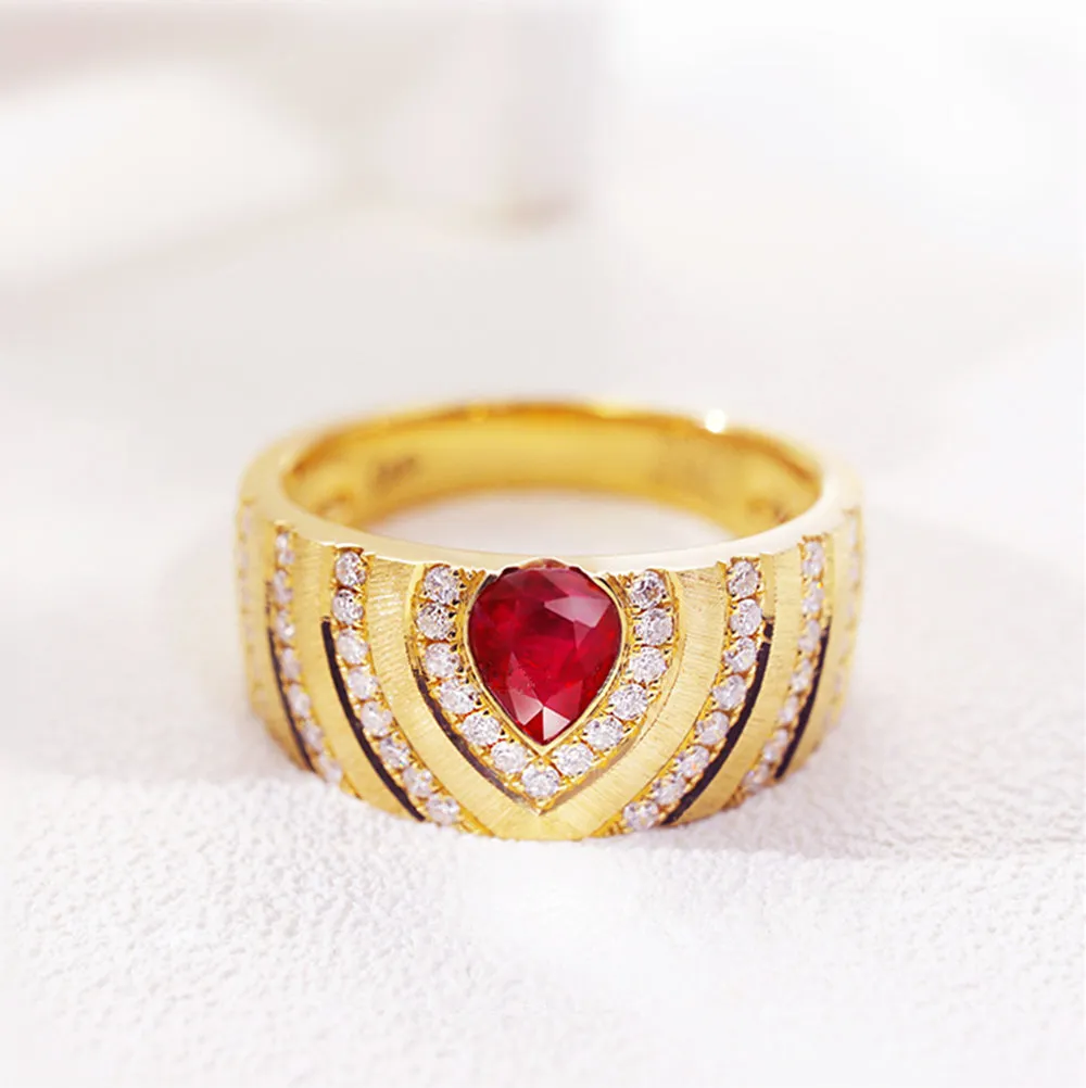 Diamond and Pear-Cut Ruby Wide Ring