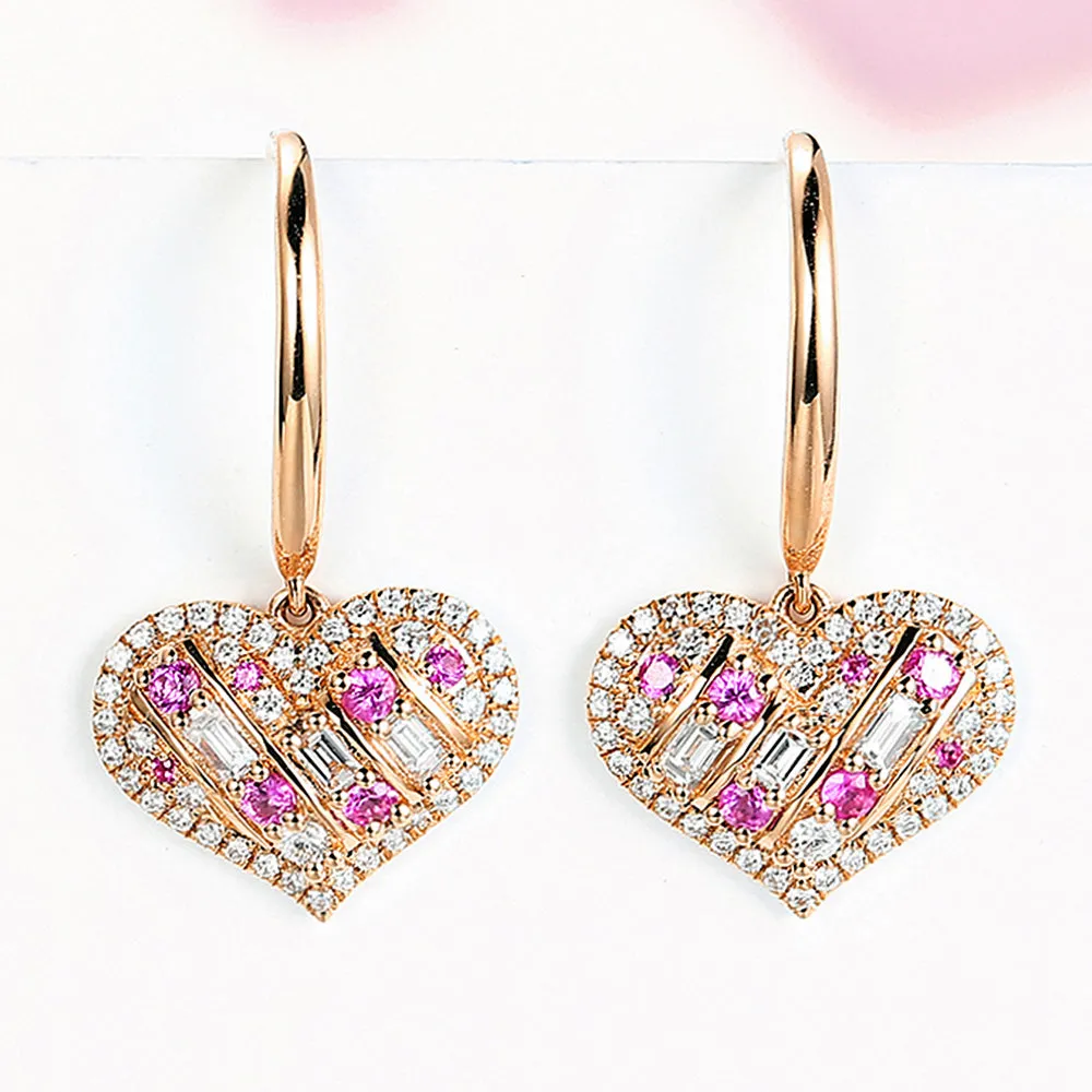 Diamond and Pink Sapphire Heart Dangle Hook Earrings