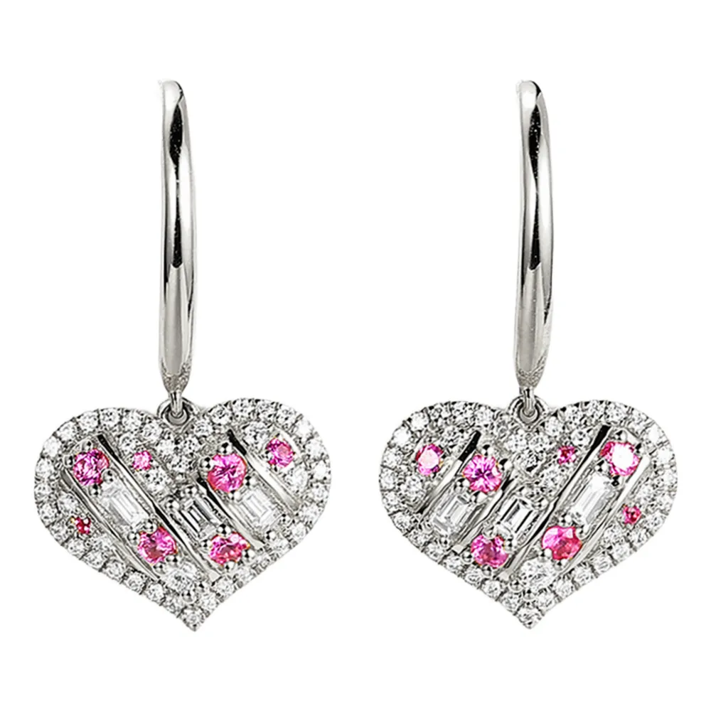 Diamond and Pink Sapphire Heart Dangle Hook Earrings